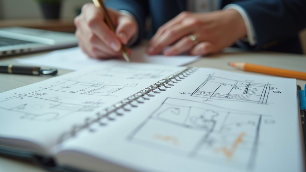 Close-up view of a notebook with business plans and sketches
