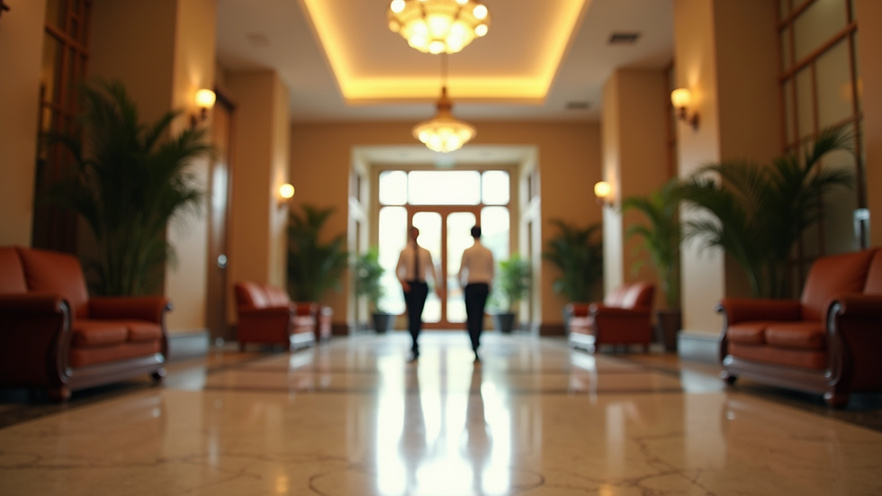 Eye-level view of a welcoming hotel lobby with attentive staff