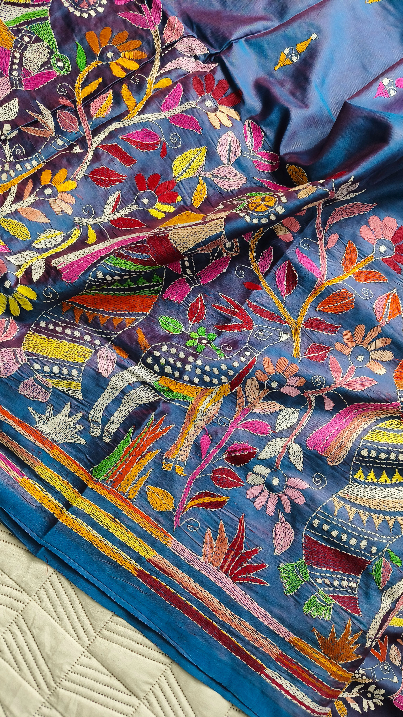 Deer Motif Kantha Silk Saree- Multi color Thread Work