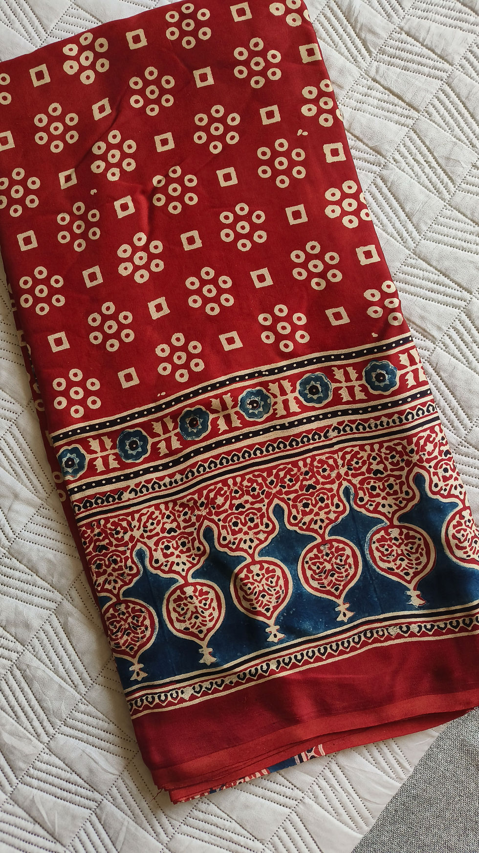 Red ajrakh modal silk saree handblock printed natural dyes