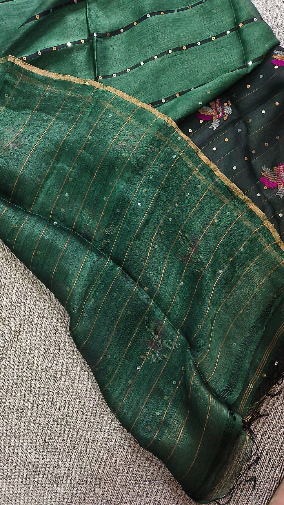 Thumbnail: Handwoven Silk Linen Jamdani Saree with Woven Sequins- Green