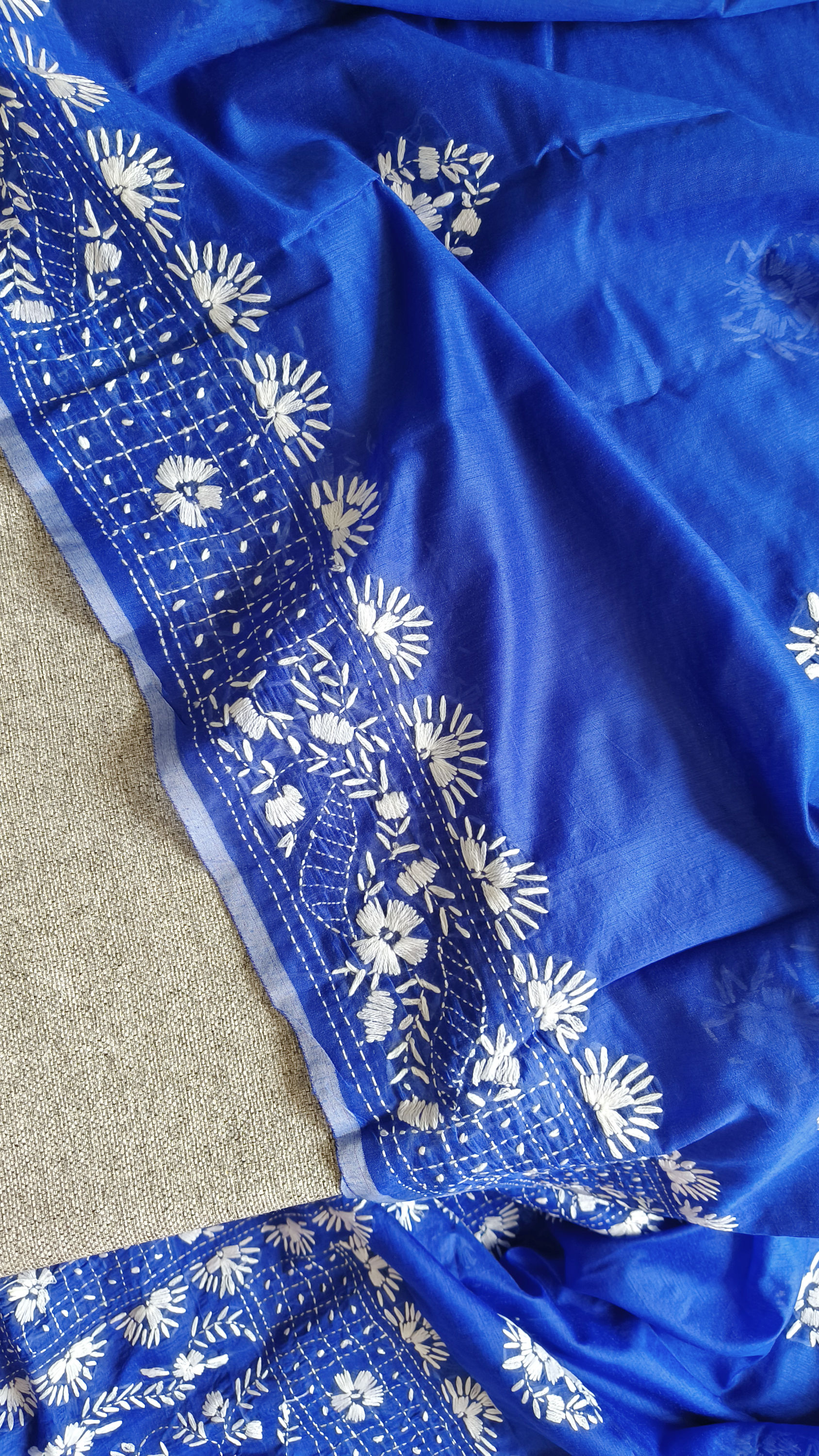 Chanderi Cotton Silk Saree with Phulkari hand embroidery MildBlue