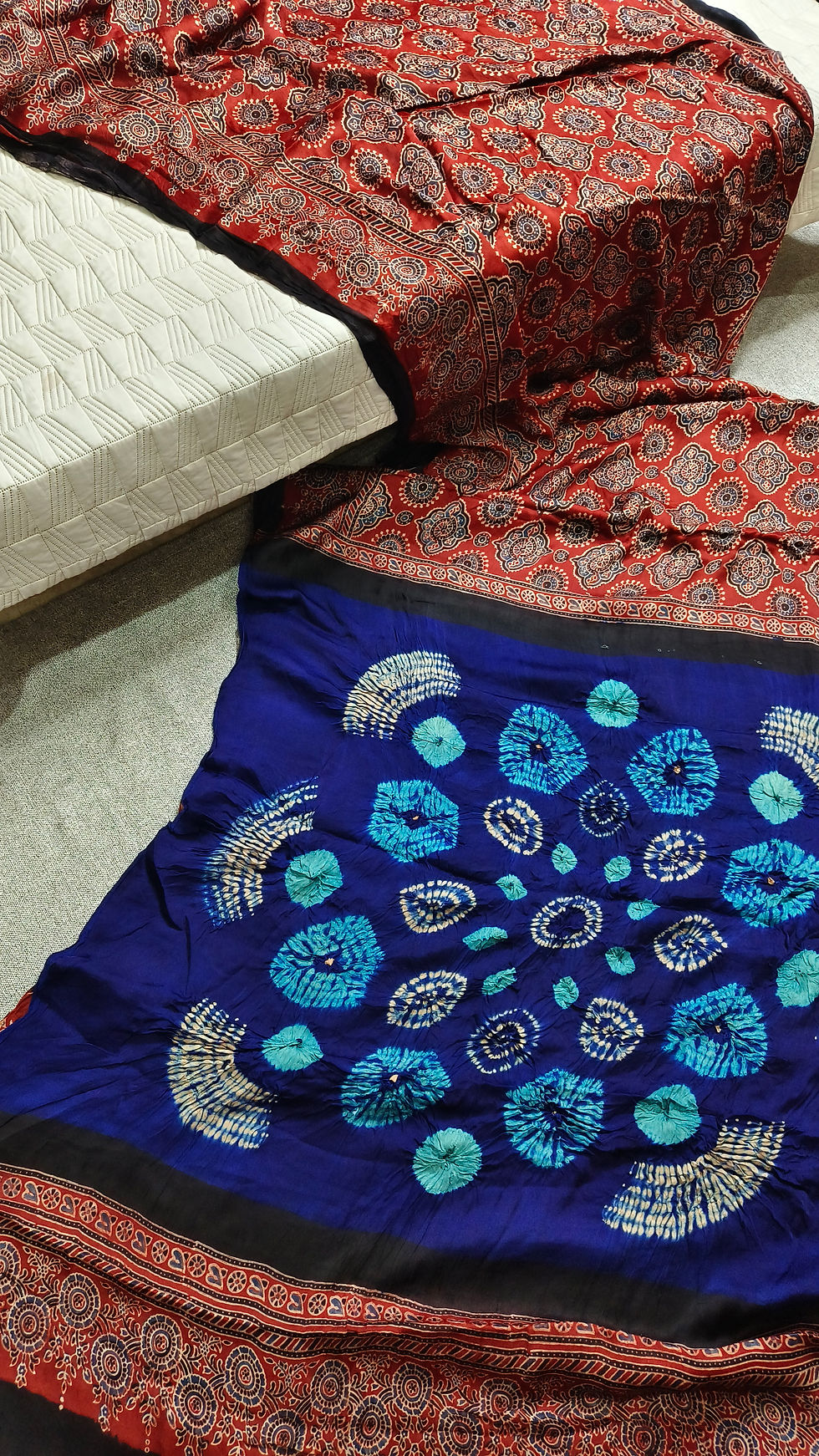 Pure Ajrakh handblock printed saree with contrast Needle Shibori pallu