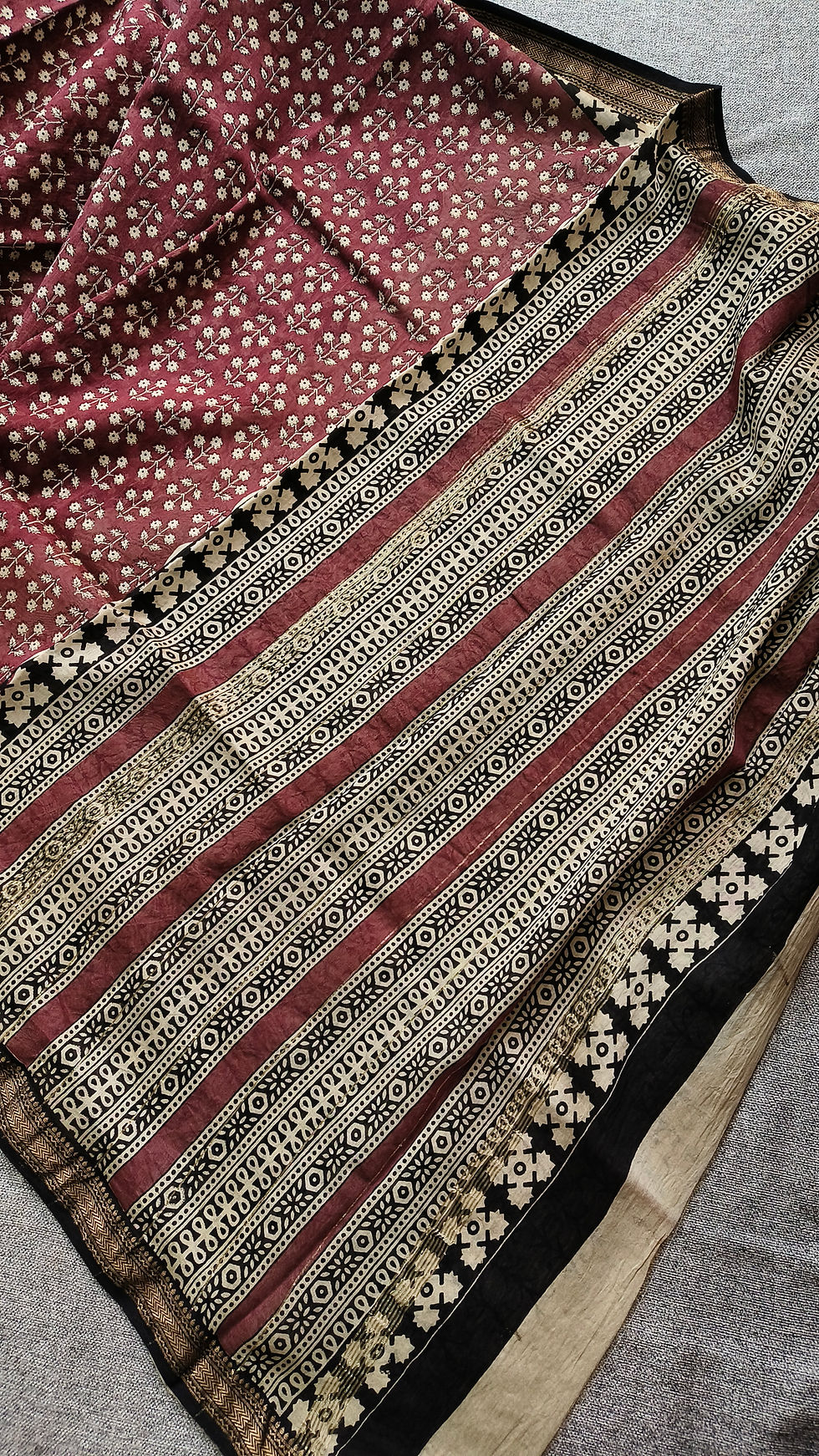 Thumbnail: Detailed pallu of Maheshwari cotton silk saree with intricate handblock print design
