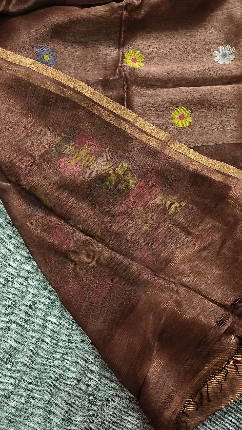 Thumbnail: Handwoven Silk Linen Jamdani Saree- Mild Brown