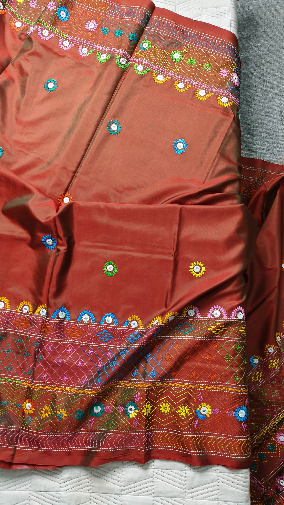 Thumbnail: Lambani Hand Embroidered Silk Saree – Rust Base with Multicolour Thread