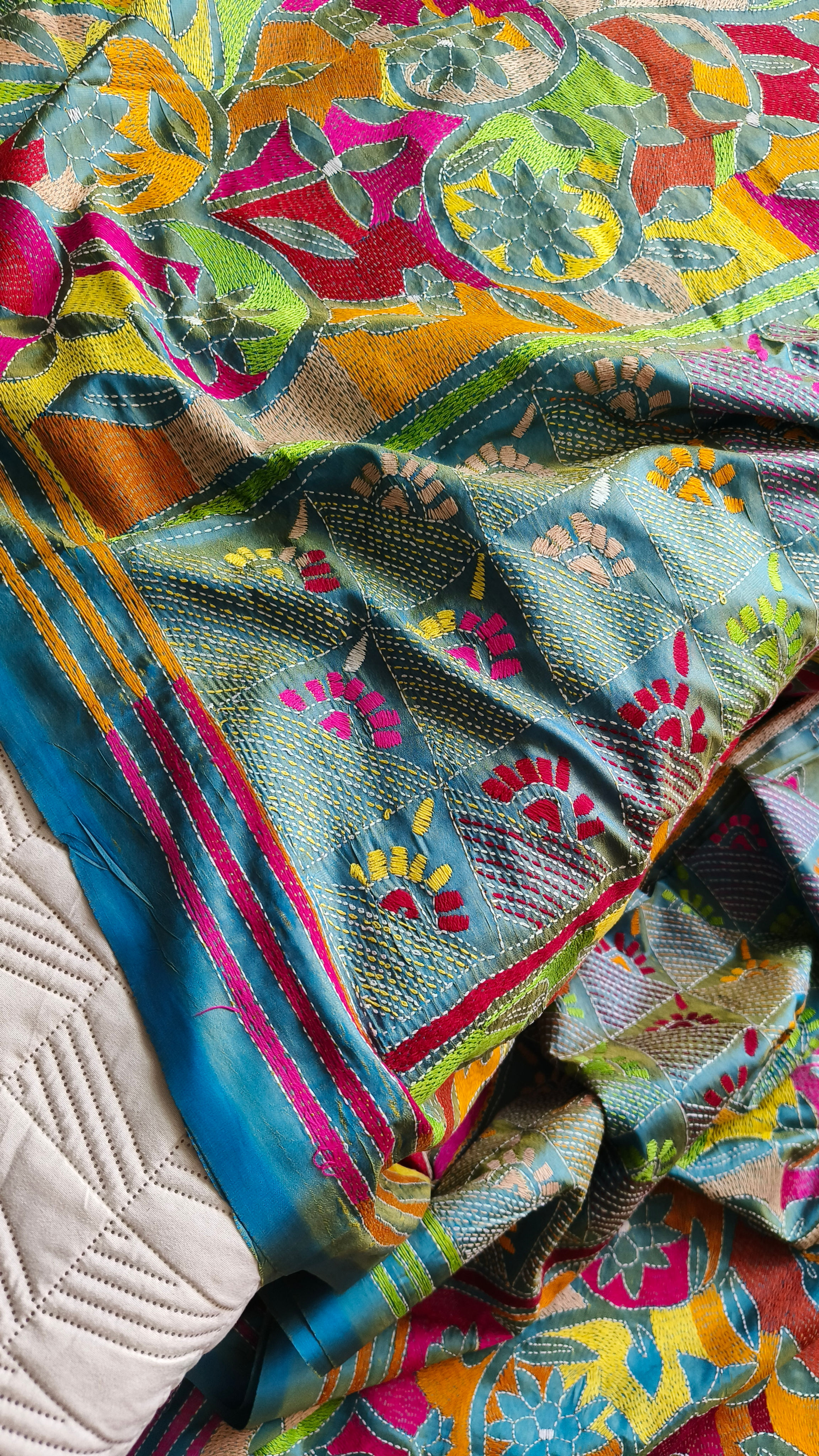 Reverse Kantha Silk Saree with Multi Colour Embroidery