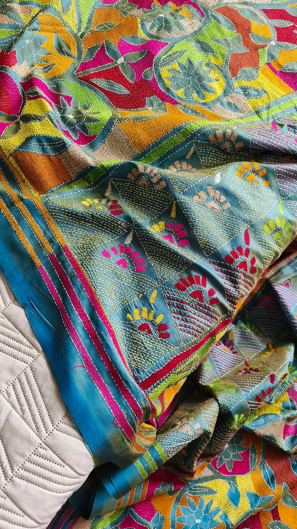 Reverse Kantha Silk Saree with Multi Colour Embroidery