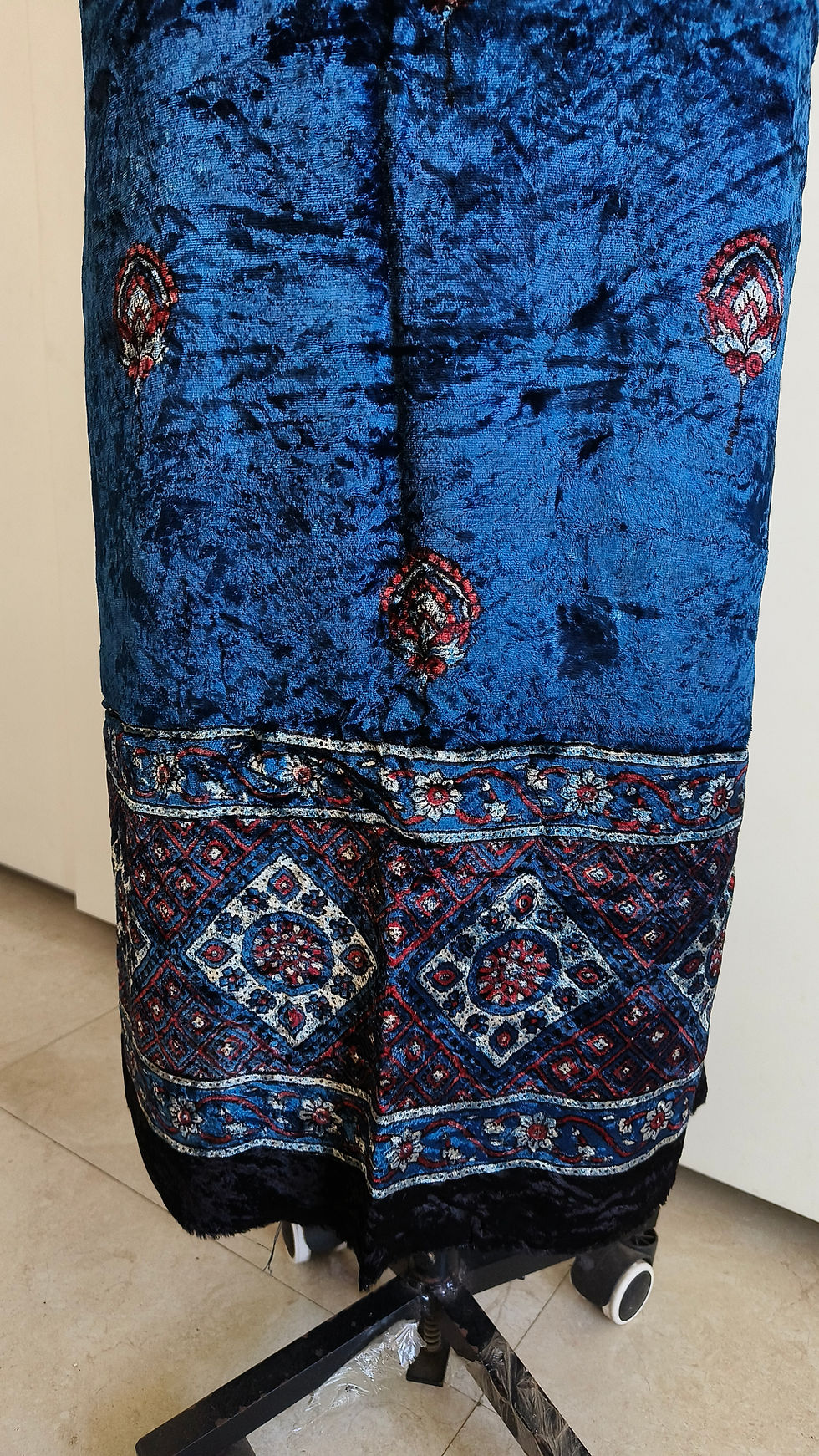 Thumbnail: Close-up of indigo Ajrakh handblock print on velvet fabric