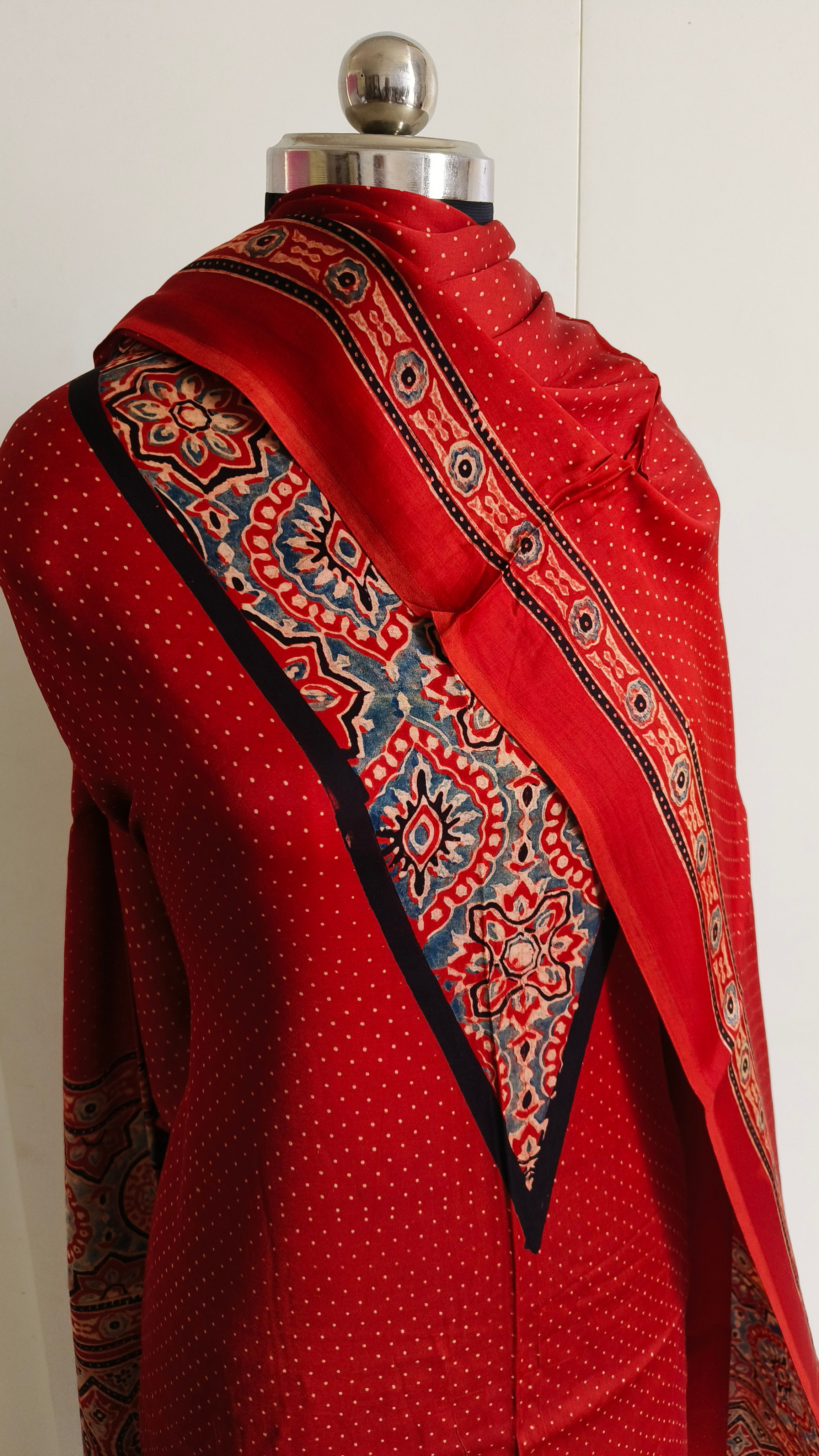Ajrakh Modal Silk two Piece Suit Set Fabric RedMild2