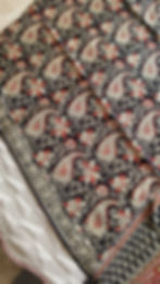 Close-up of Vanaspati handblock black keri motifs on lightweight modal silk saree
