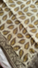 Close-up of Vanaspati handblock leafy affair motifs on lightweight modal silk saree