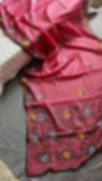 Thumbnail: Handcrafted Semi Tussar Silk Saree with birds, flowers, and Kantha embroidery