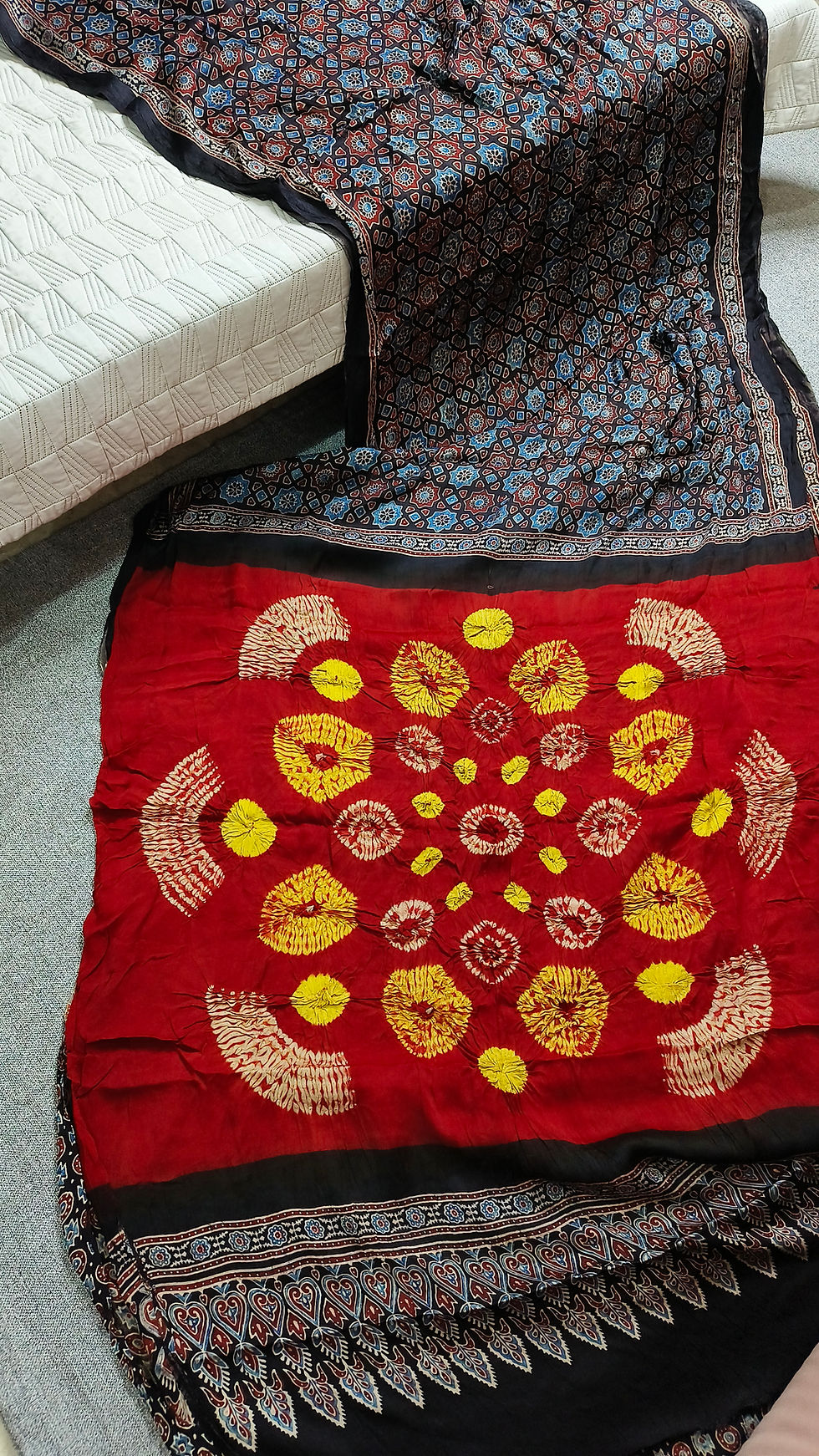 Pure Ajrakh handblock printed saree with contrast Needle Shibori pallu