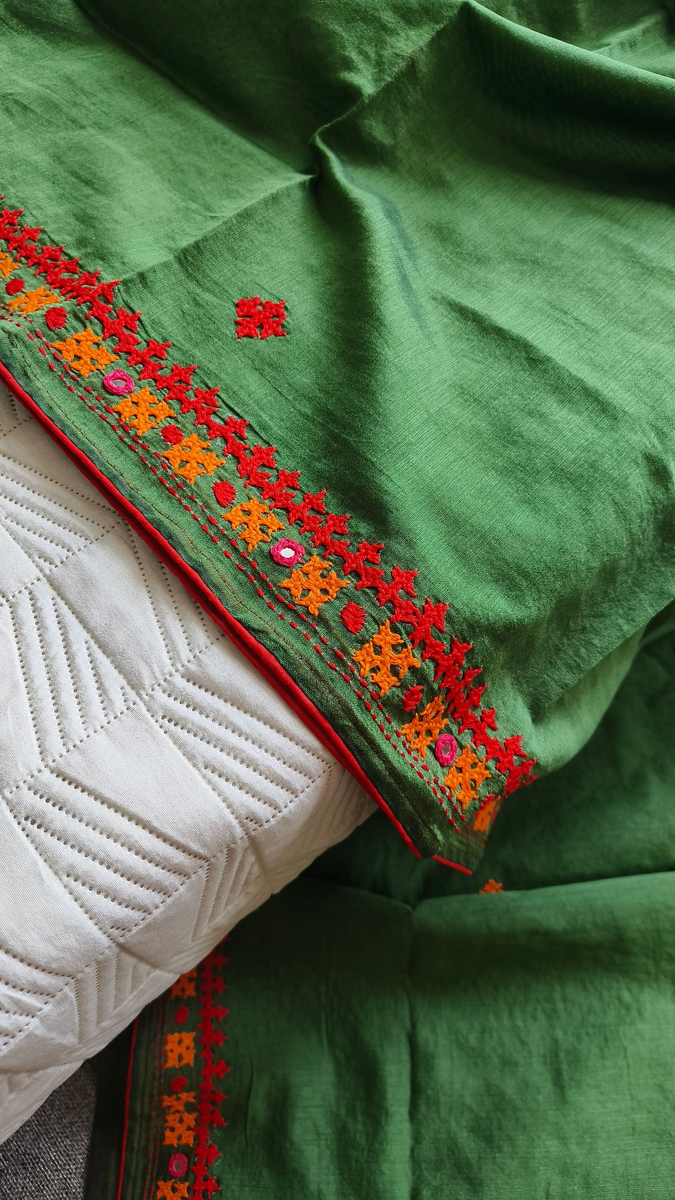 Kutchi Bharat Hand Embroidered Chanderi Cotton Silk Saree