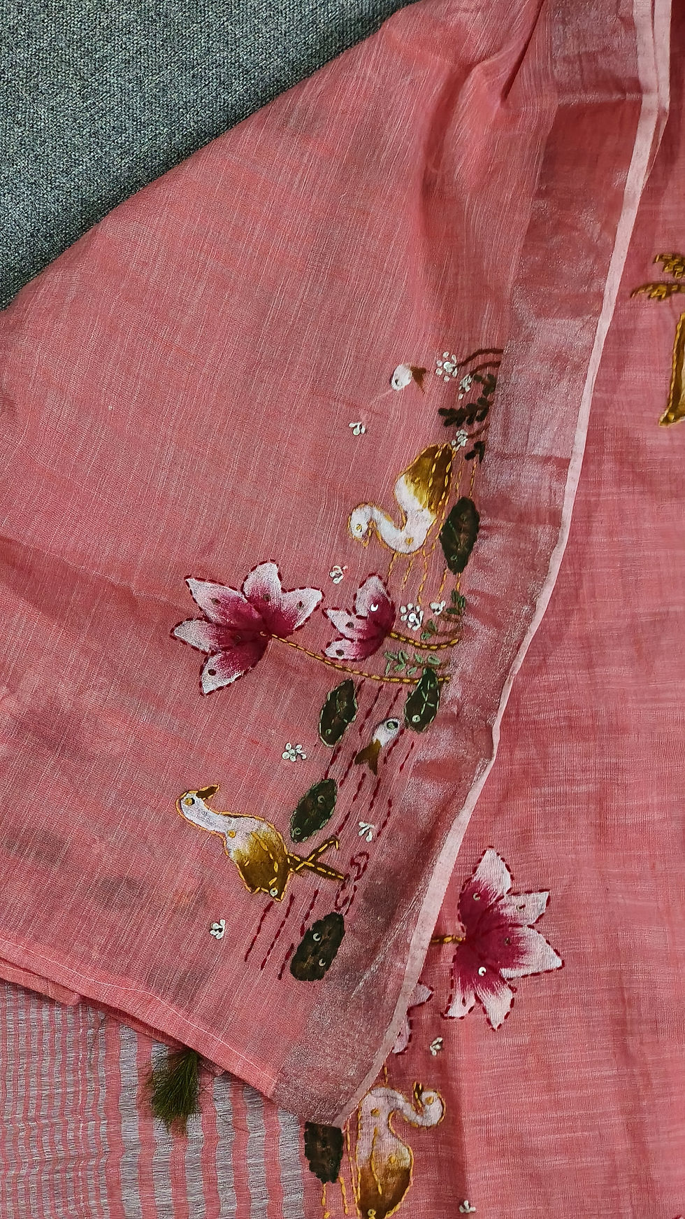Thumbnail: Hand Painted & Hand Embroidered  – Linen Cotton Summer Peach Saree