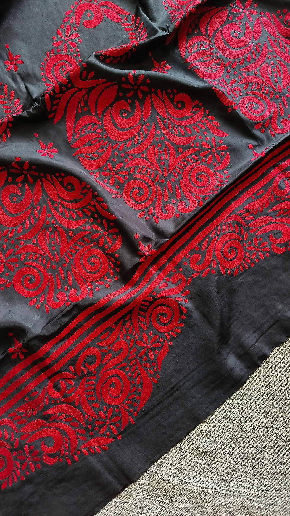Thumbnail: Handcrafted Kantha Bangalore Silk Saree- Black with red
