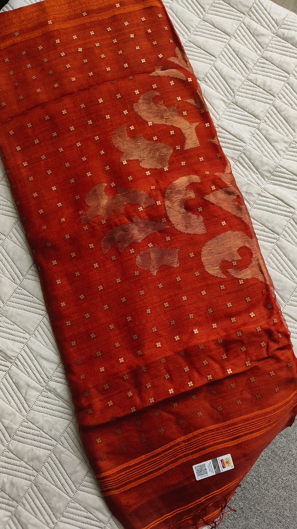 Thumbnail: Pure Matka Silk Saree with Handwoven Muslin Silk Jamdani Pallu- Rust Orange