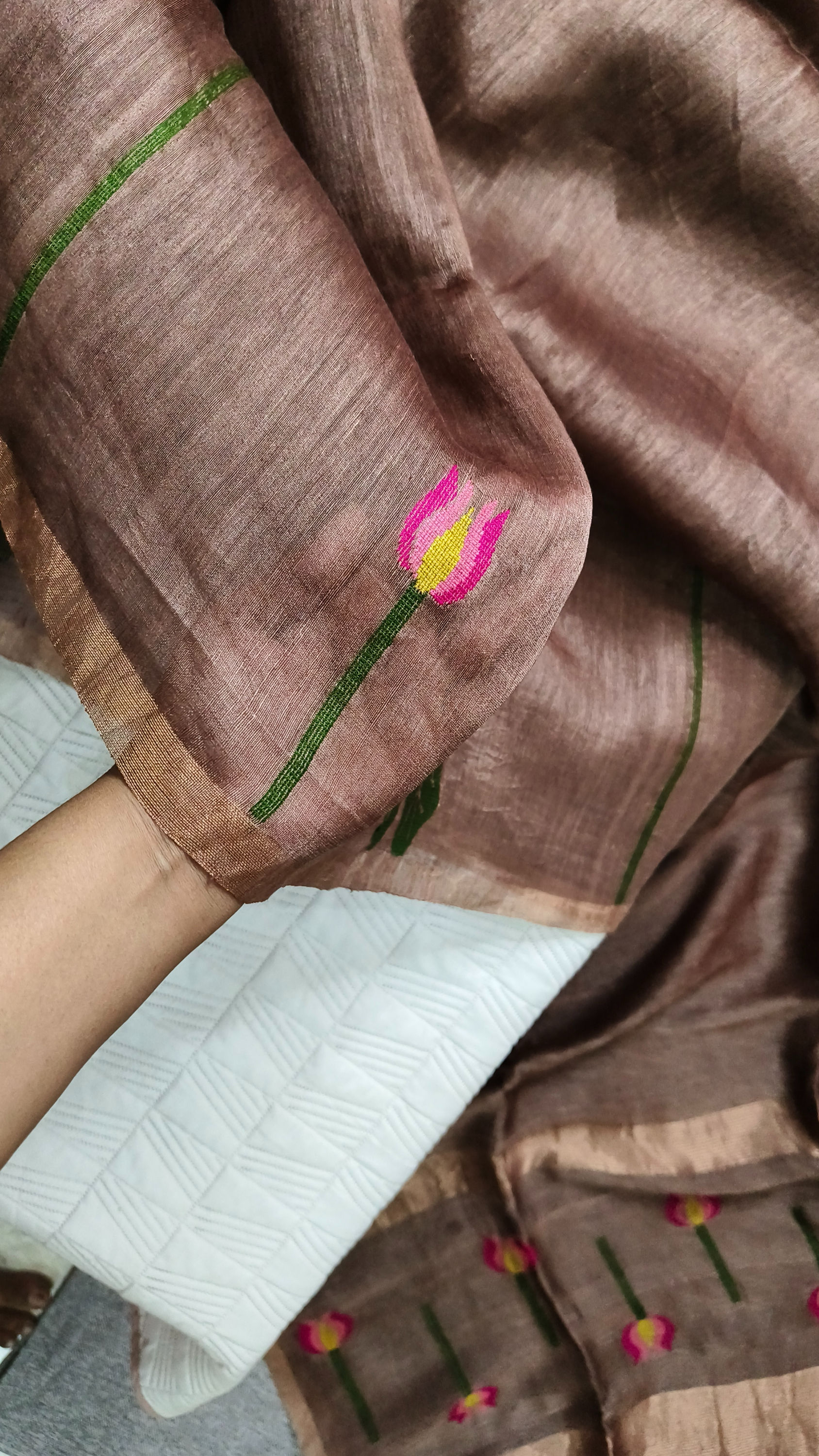 Handwoven silk linen saree with lotus