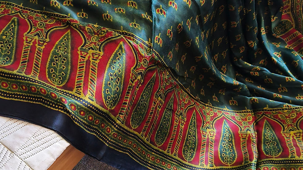 Green Ajrakh Modal Silk Saree. Pure ajrakh handblock printed with natural dye and lagdipatta.