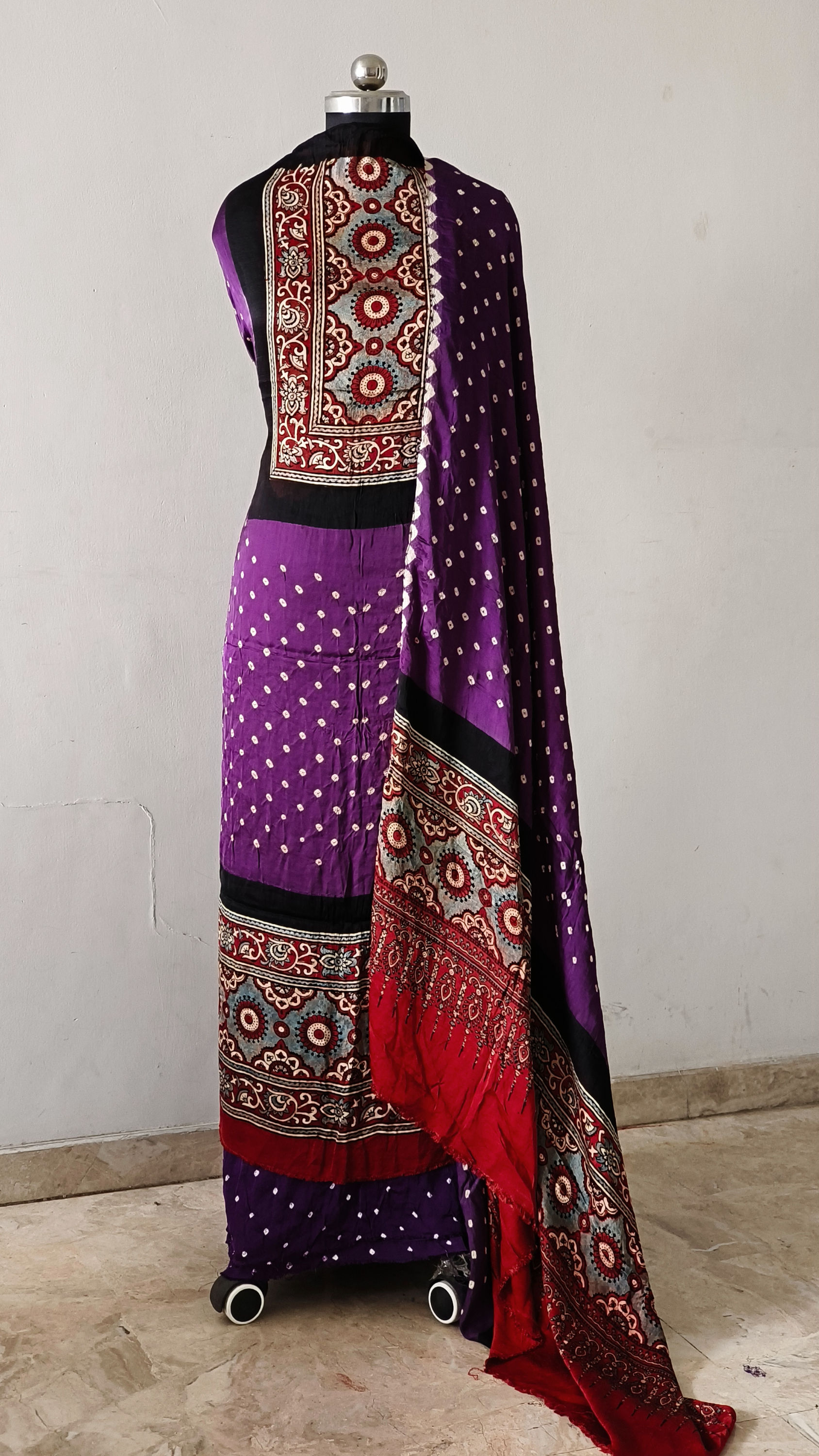 Ajrakh Bandhani Modal Silk 3 Piece Suit Se Fabric MildPurple
