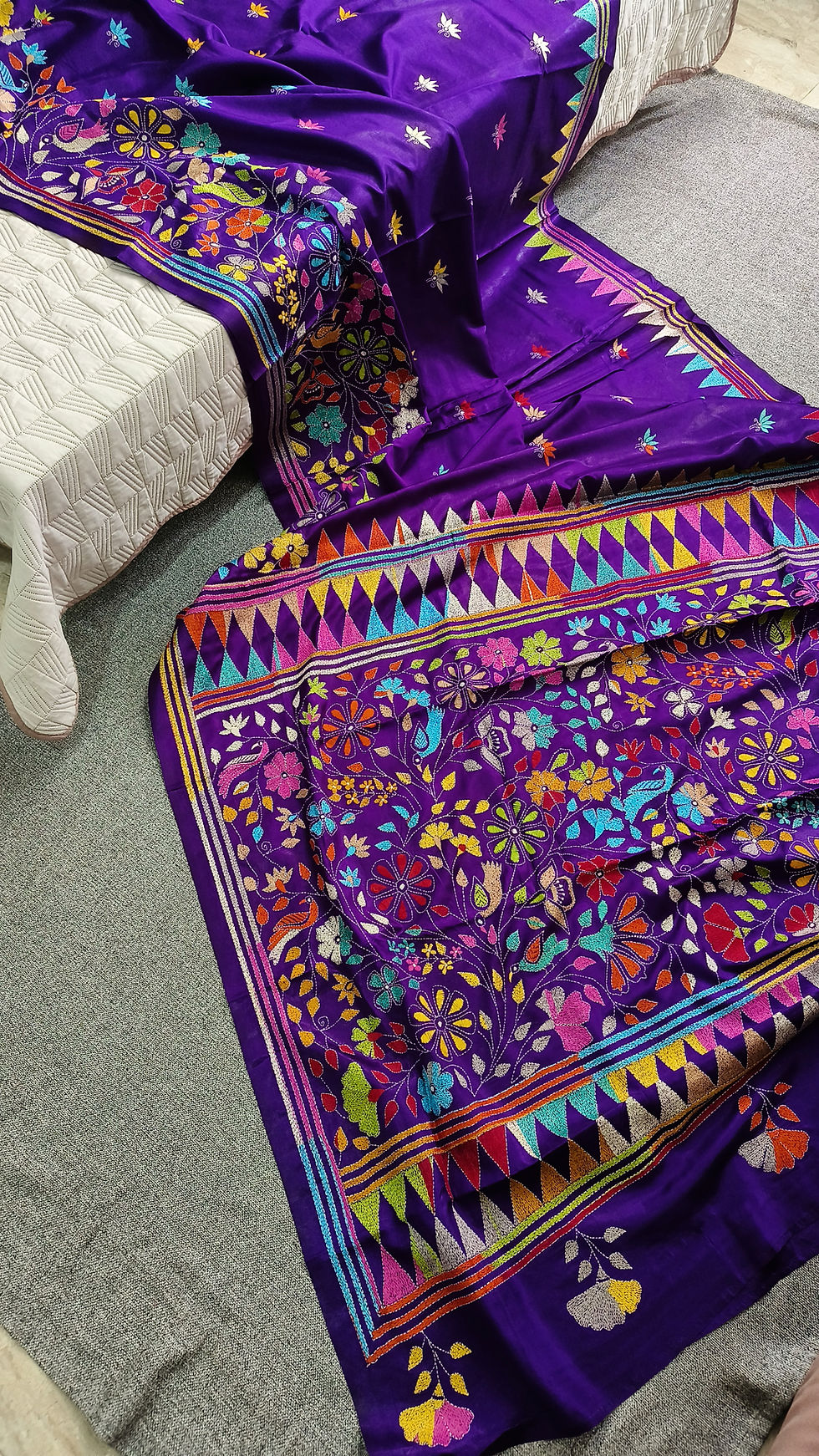 Purple Kantha Silk Saree with Multi Colour Bird Embroidery