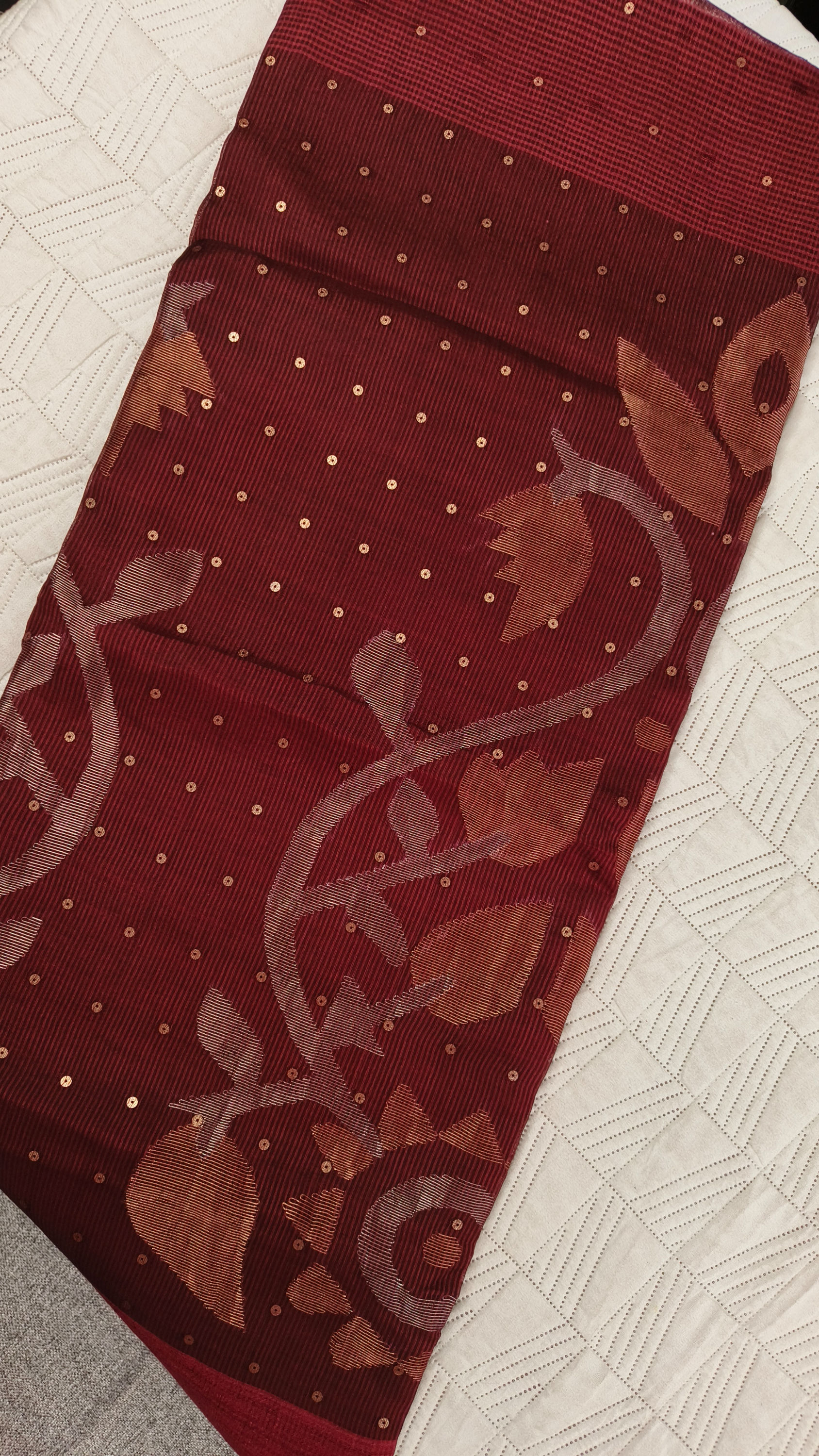 Pure handwoven muslin silk saree with kota checks and jamdani zari pallu full drape