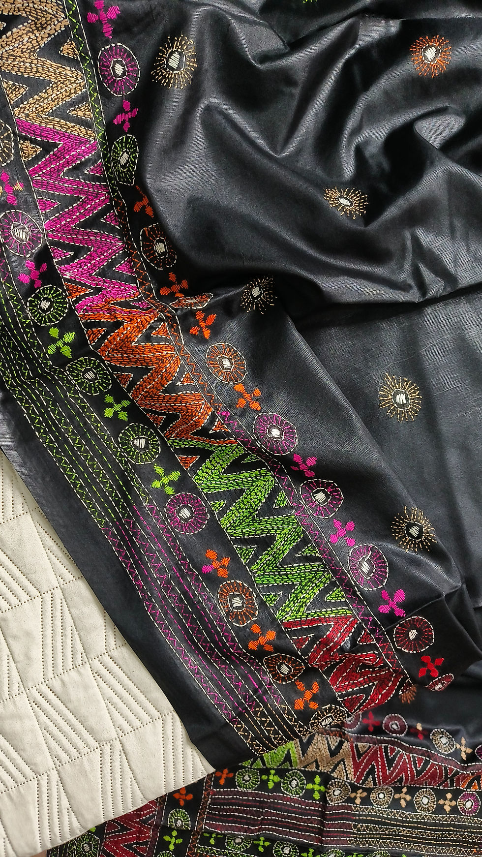 Black Blended Bangalore Silk Saree with Lambani Hand Embroidery