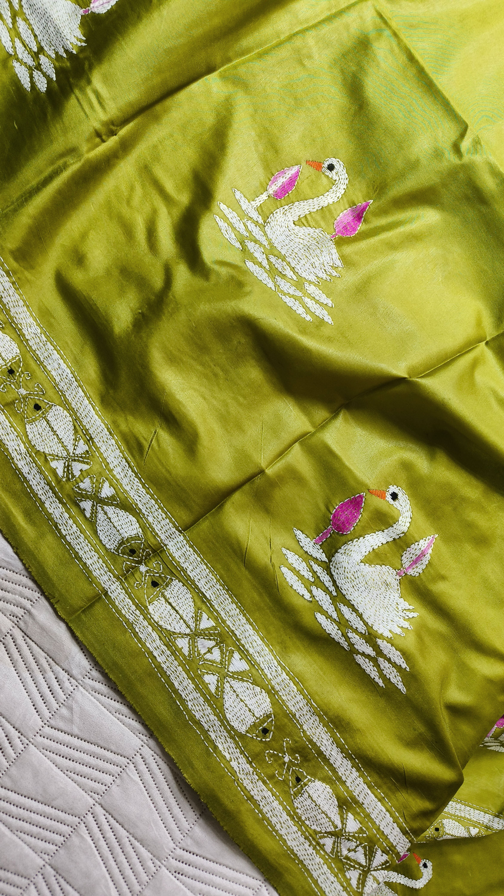 Fish Motif border kantha silk saree with lotus and swan motif