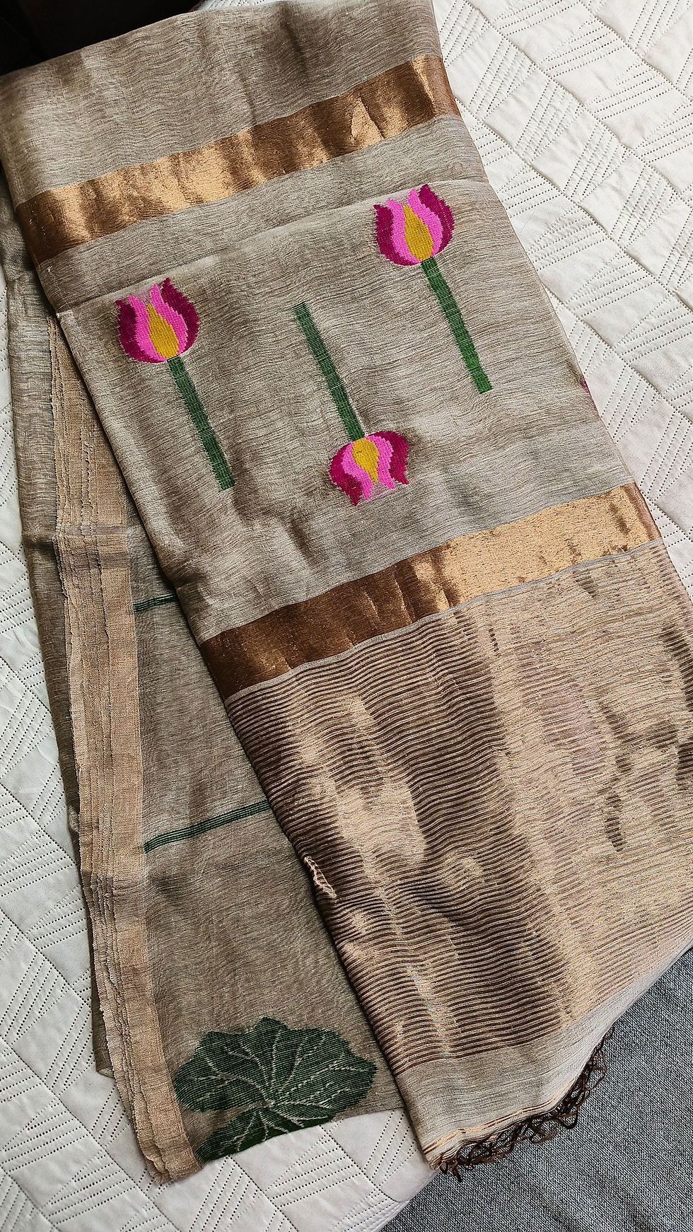 Silk Linen Saree with Lotus