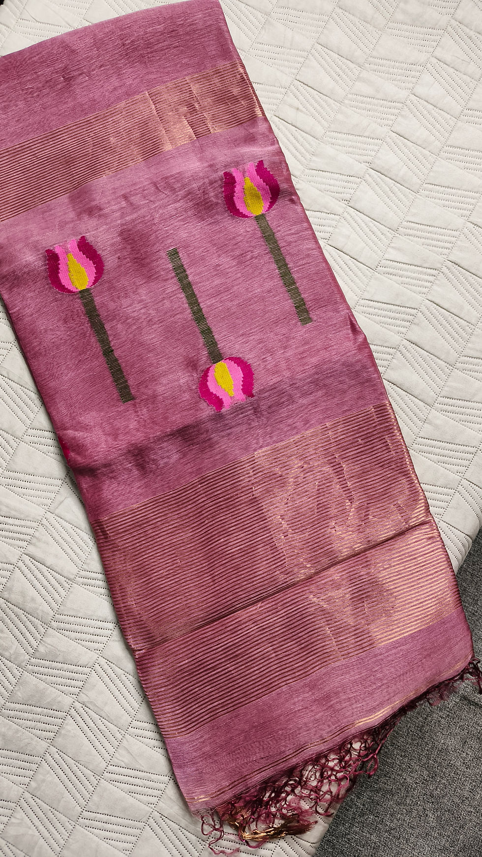 Handwoven Silk Linen Saree – Lotus Motif