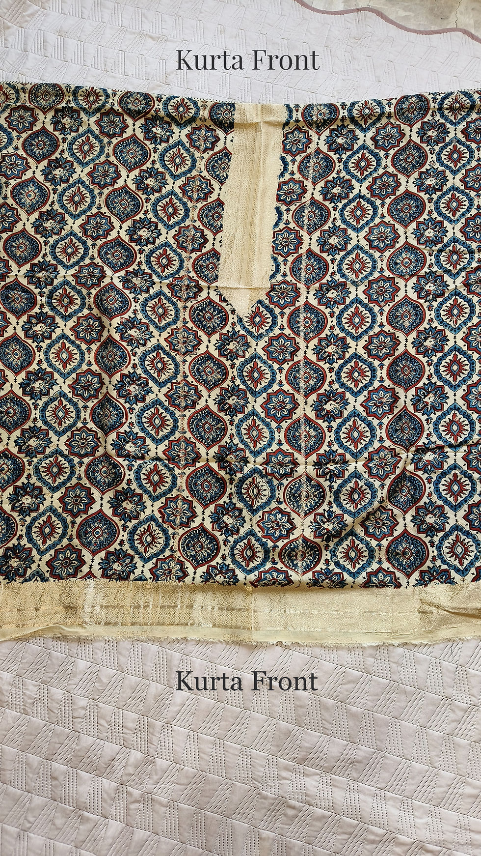 Thumbnail: Ajrakh Dola Silk Designer two Piece Suit Set Fabric CreamClassic