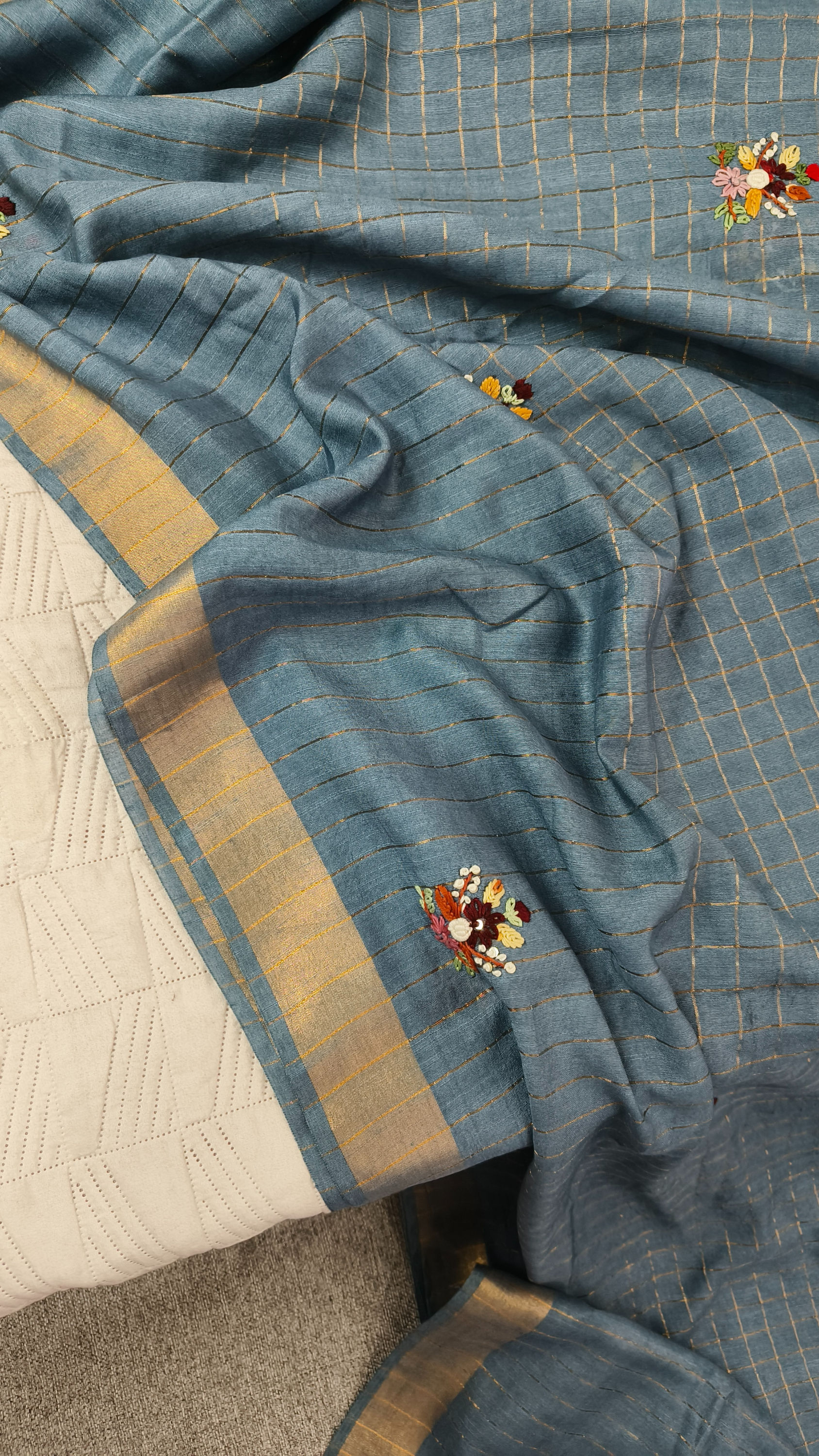 Zari border with hand embroidery on Bhagalpuri silk saree
