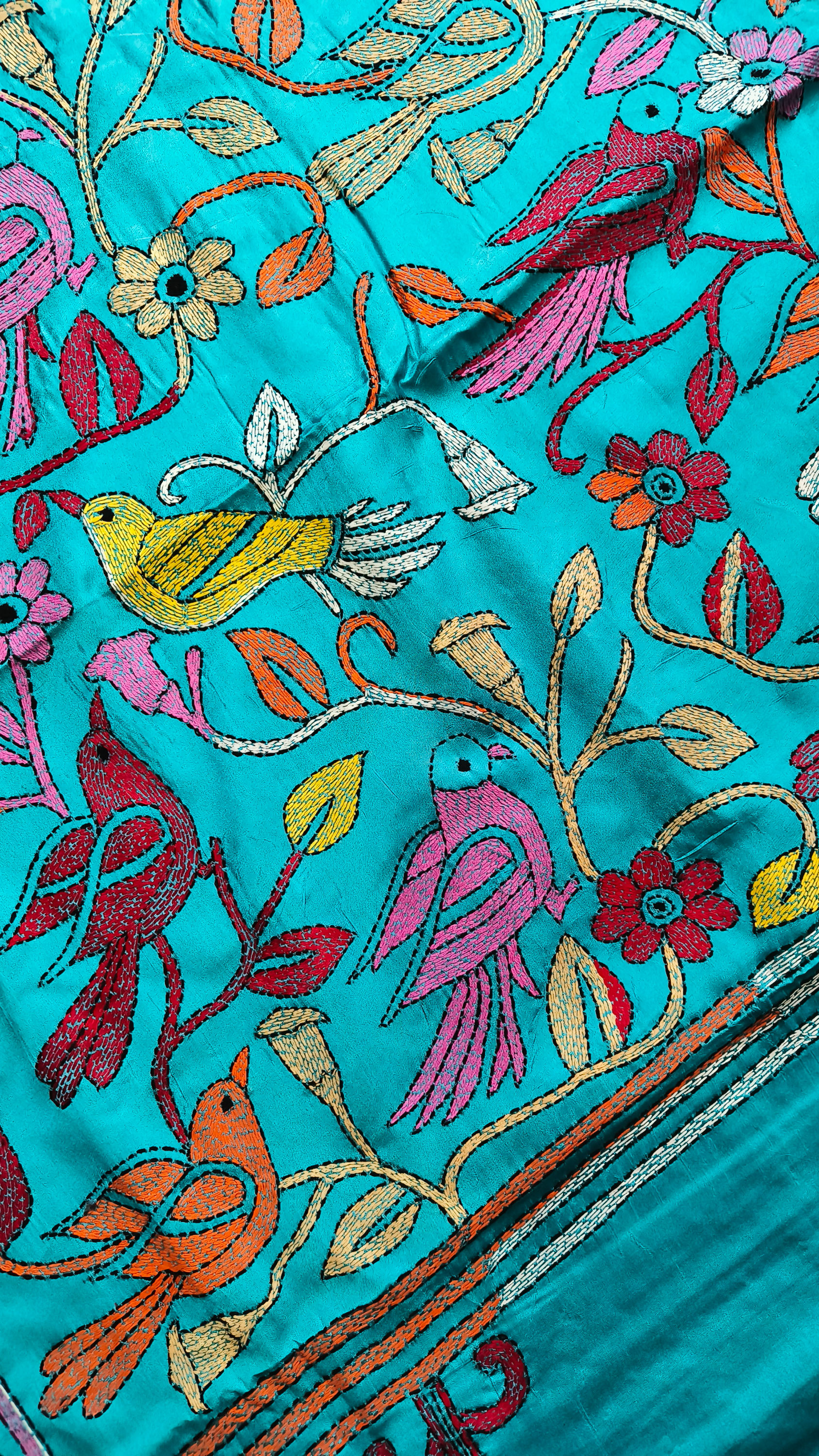 Handcrafted kantha stitch handwork saree with bird and flower motifs