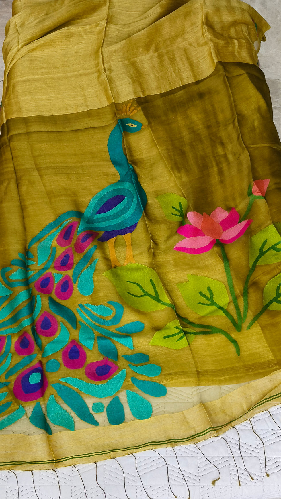 Silk Linen Saree Peacock Pallu