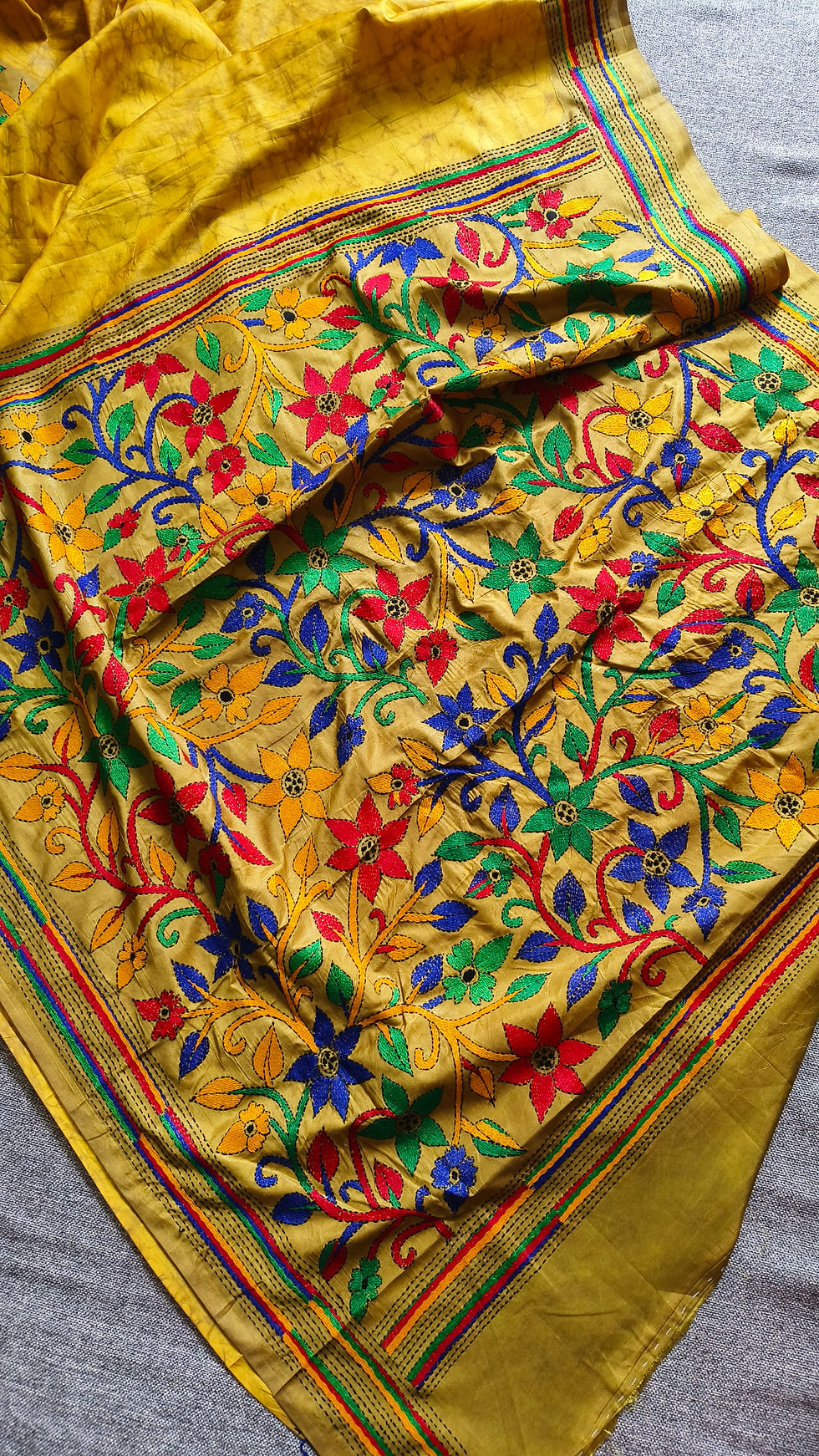 Thumbnail: Handcrafted Batik with Kantha Bangalore Silk Saree- Yellow
