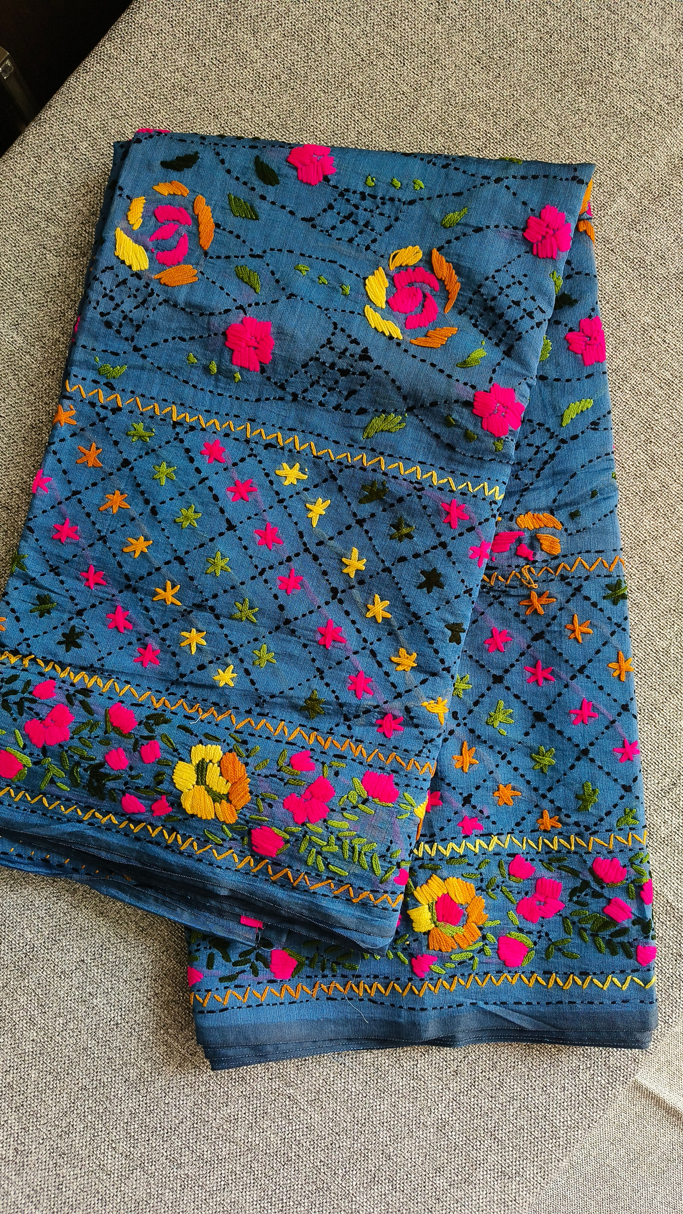 Chanderi Cotton Silk Saree with Phulkari hand embroidery GreyGarden