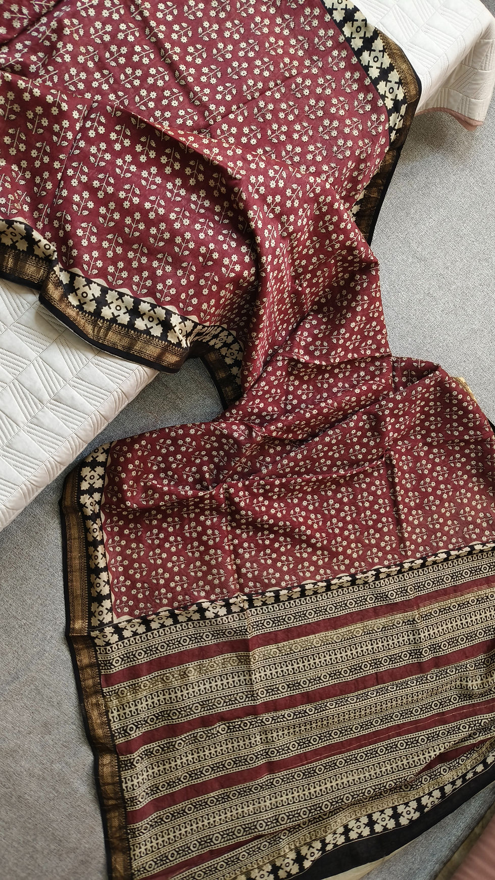 Thumbnail: Texture of lightweight Maheshwari cotton silk saree with fine handblock printing for summer wear