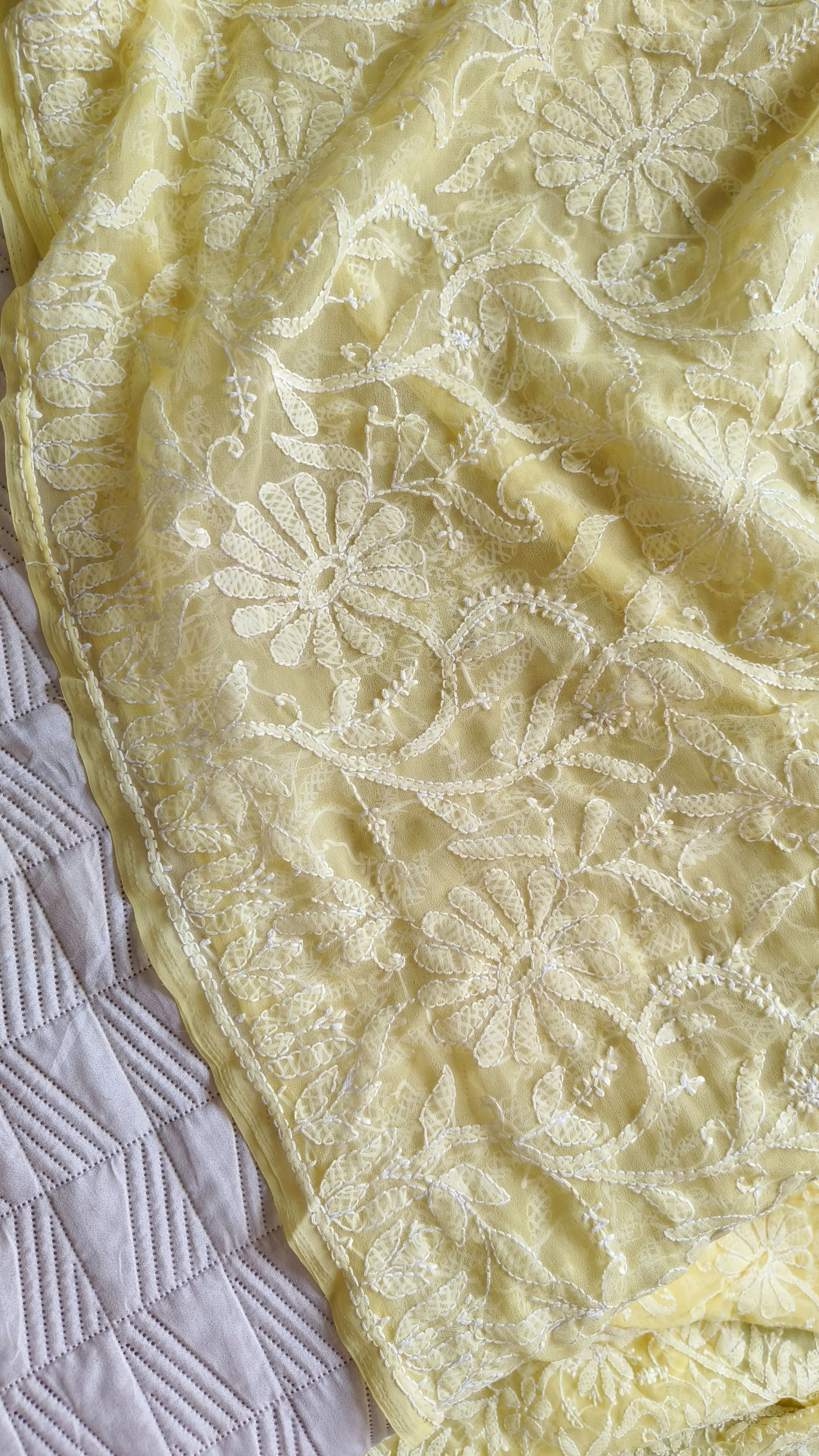 Georgette Chikankari Saree- Light Yellow
