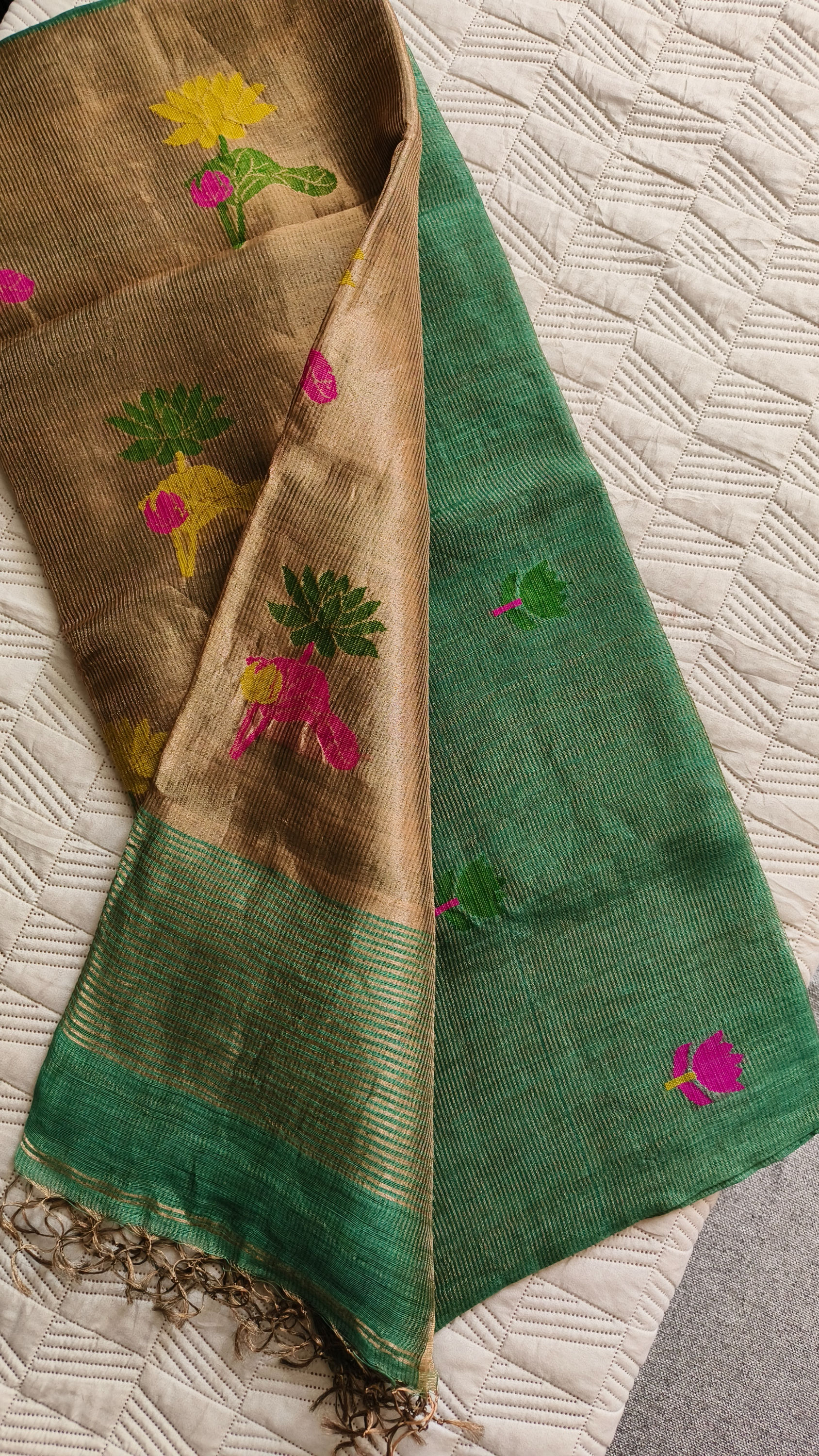 Mehandi Saree Handloom Tissue Silk Linen