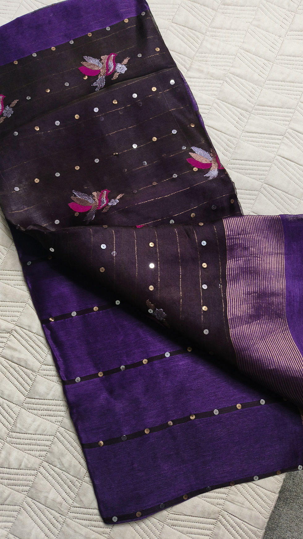 Handwoven Silk Linen Jamdani Saree with Woven Sequins- Purple