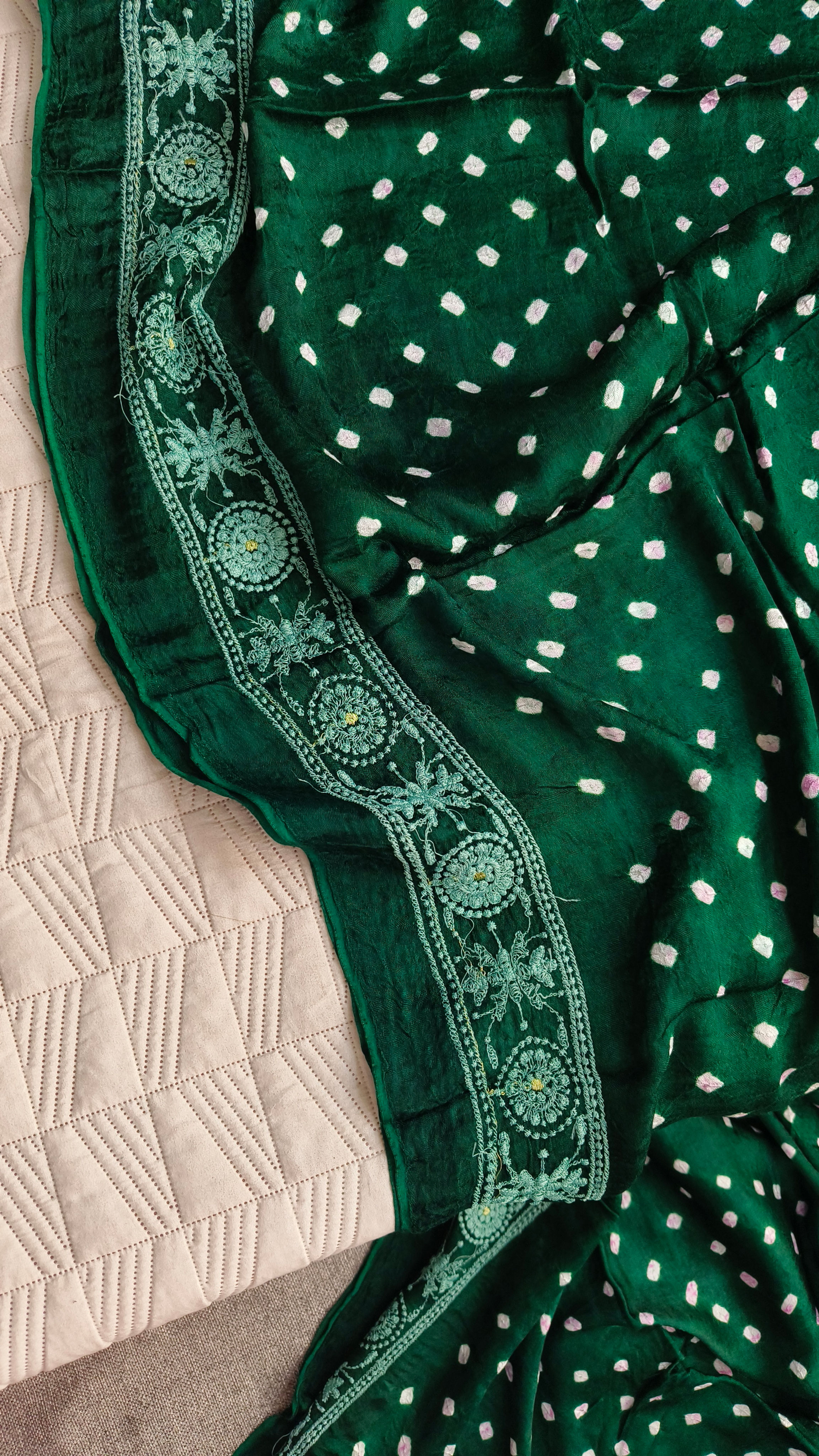 Handmade Bandhani Gajji Modal Silk Saree Bottle Green