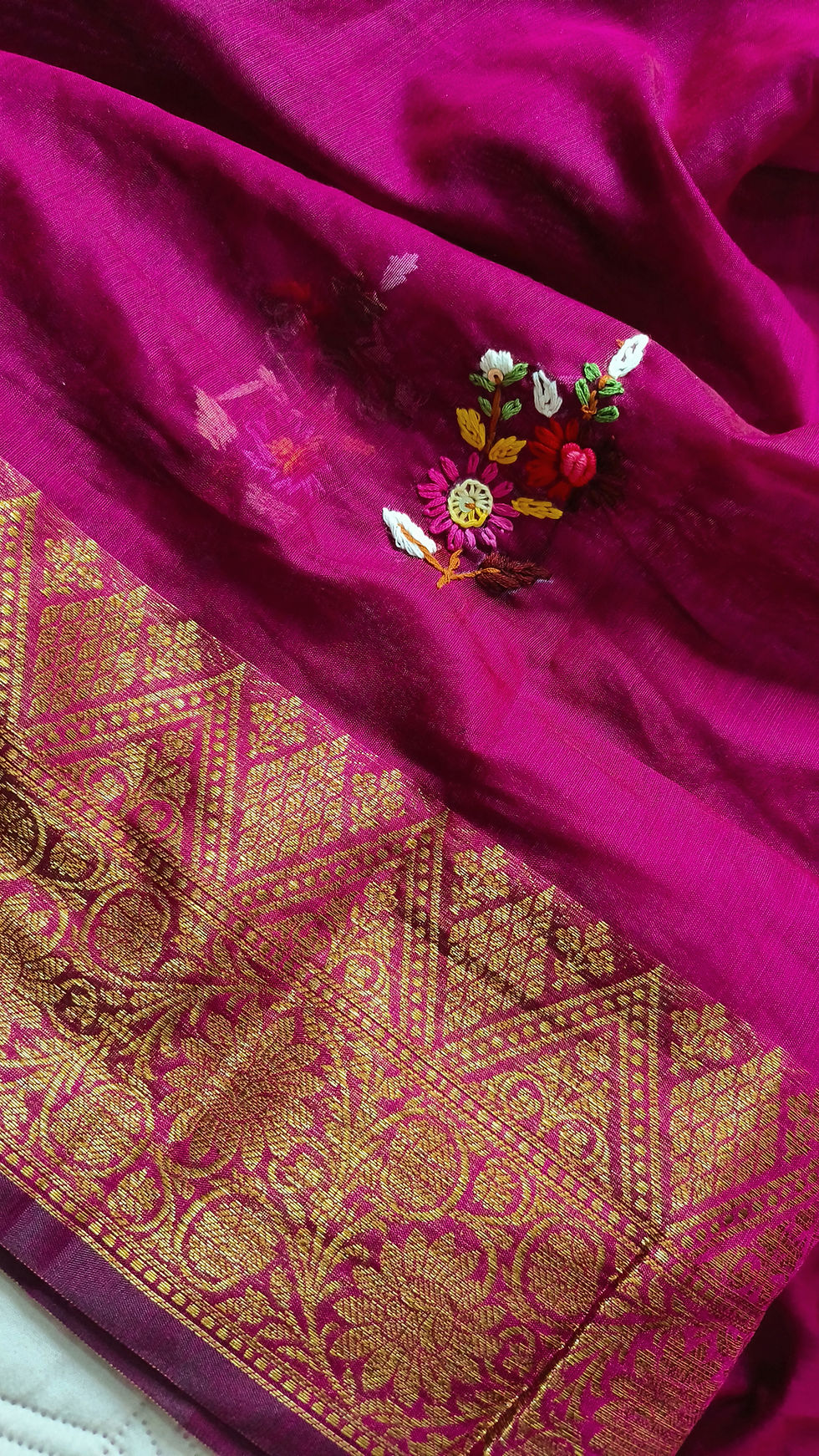 Thumbnail: Maheshwari Silk Cotton Saree with Hand Embroidery and Zari Border