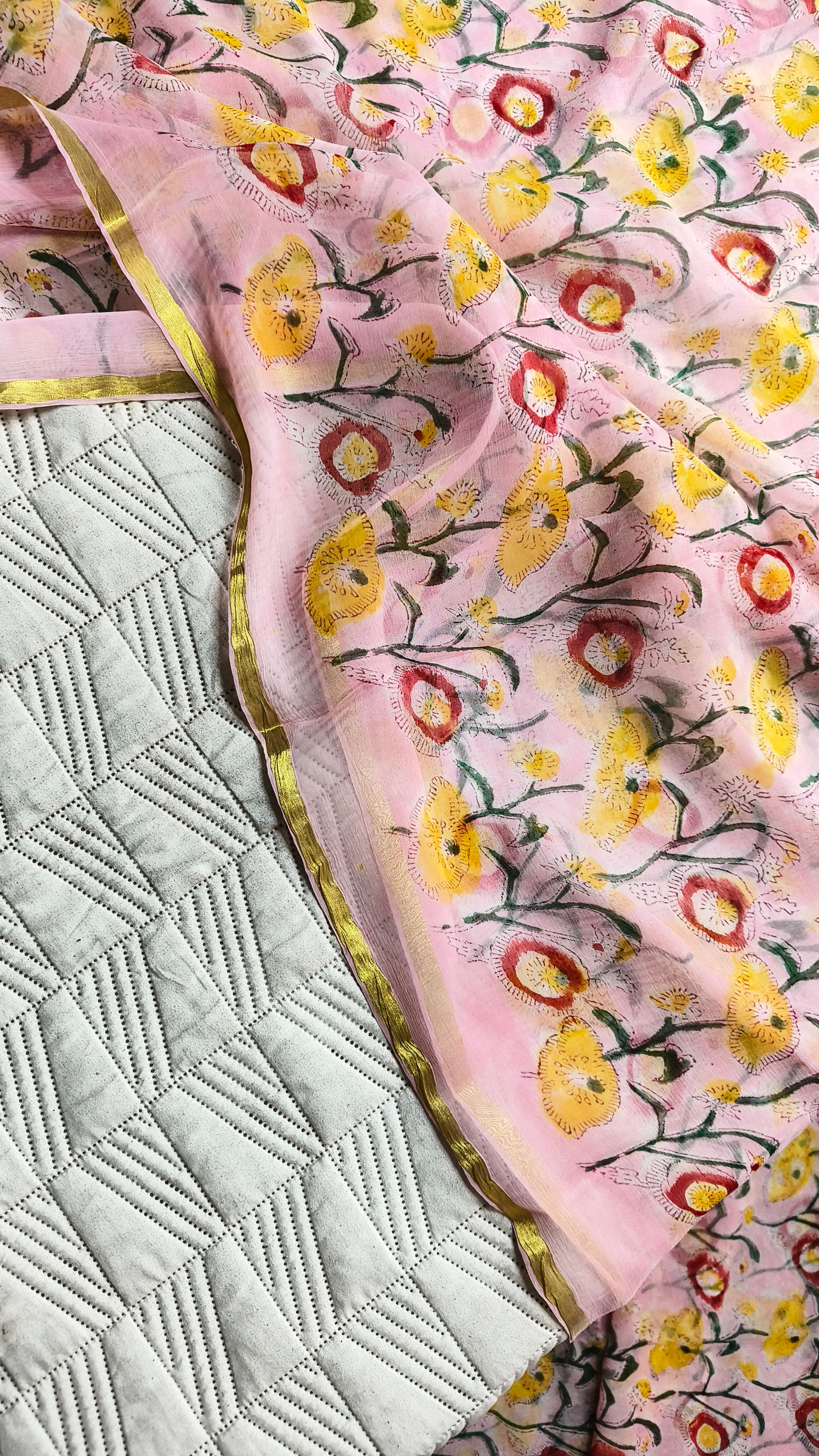 Handblock printed soft chiffon summer saree for daily wear
