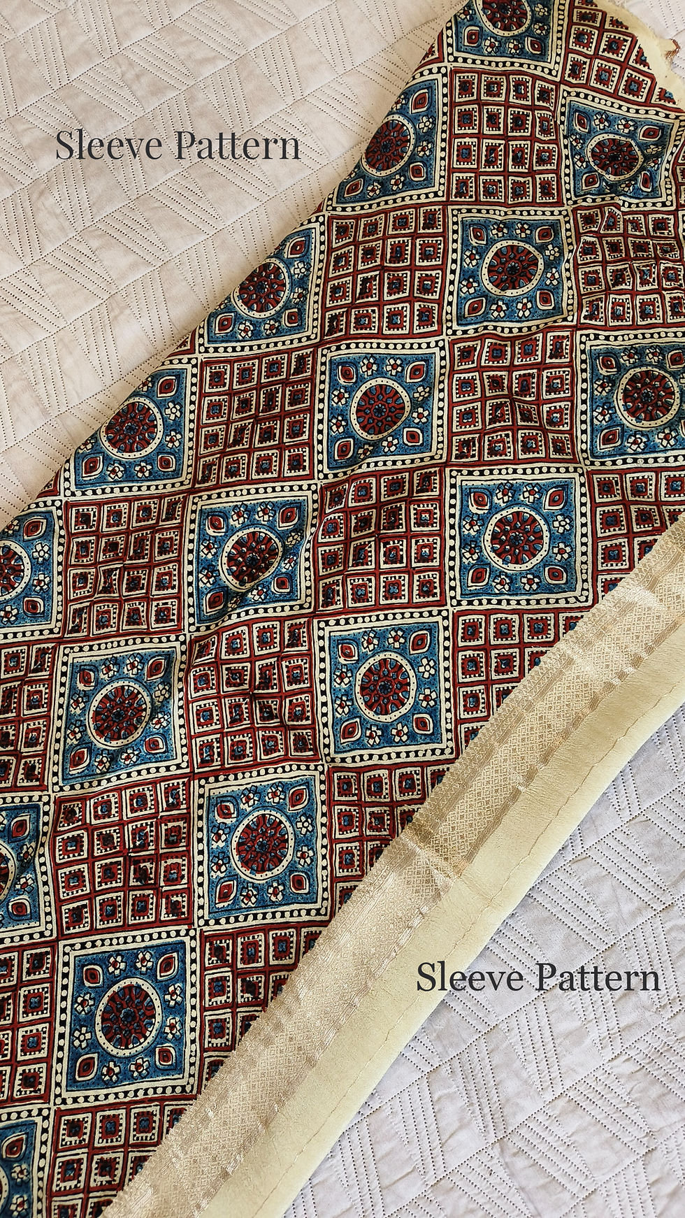 Thumbnail: Ajrakh Dola Silk Designer two Piece Suit Set Fabric CreamClassic