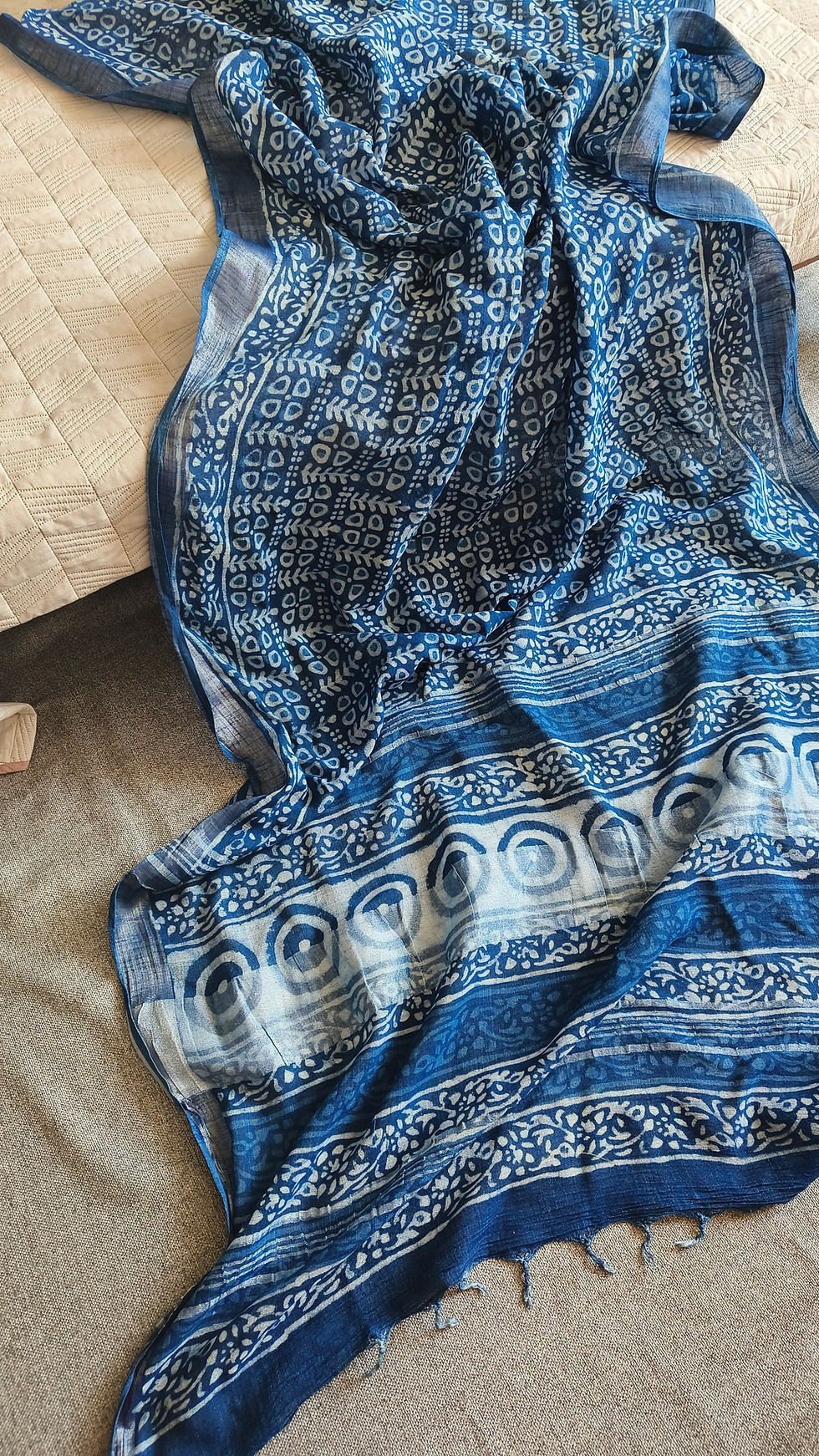 Thumbnail: Hand Block Printed Linen Cotton Saree IndieGarden