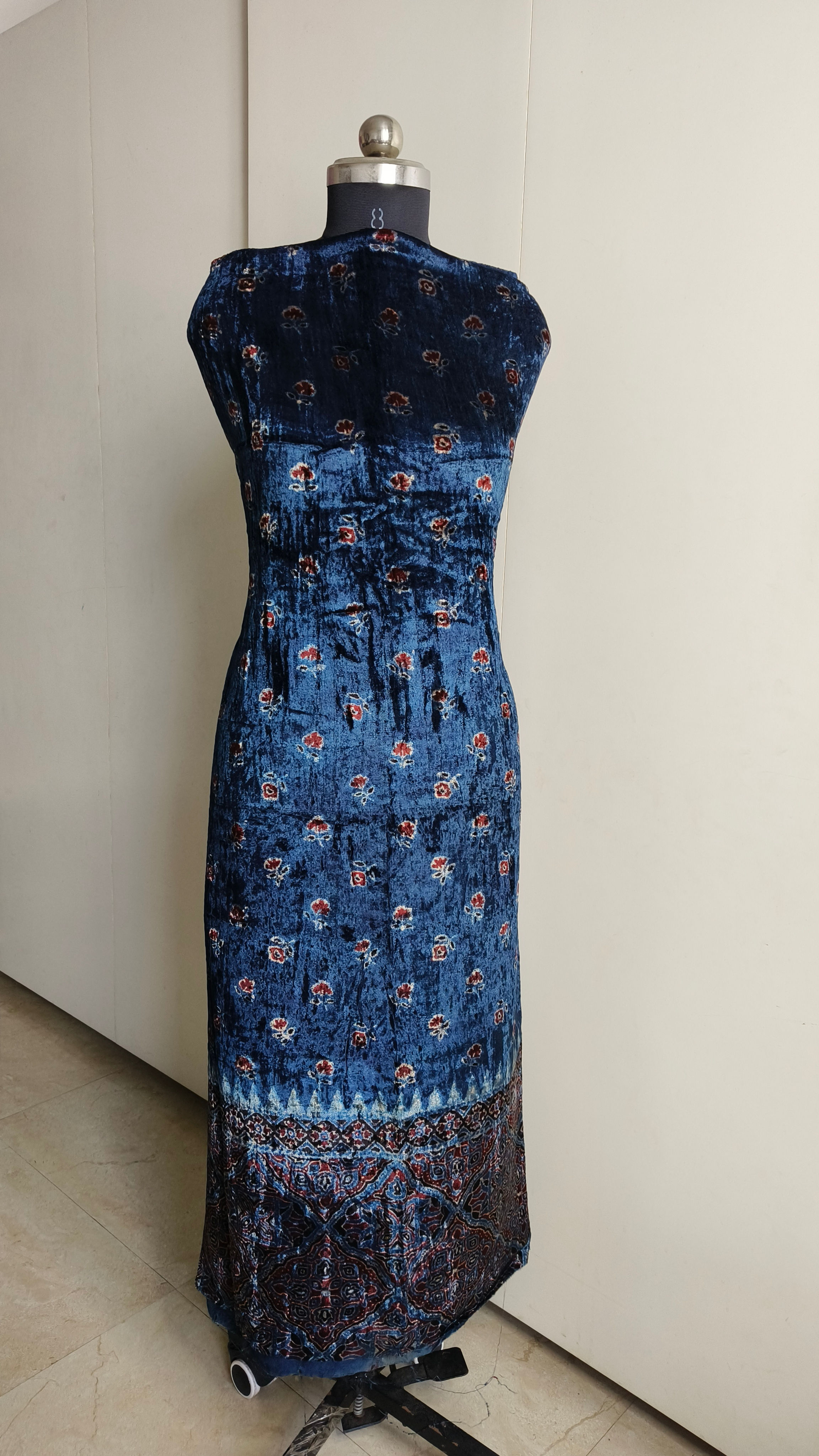Ajrakh velvet kurta fabric with indigo garden handblock print in natural dyes