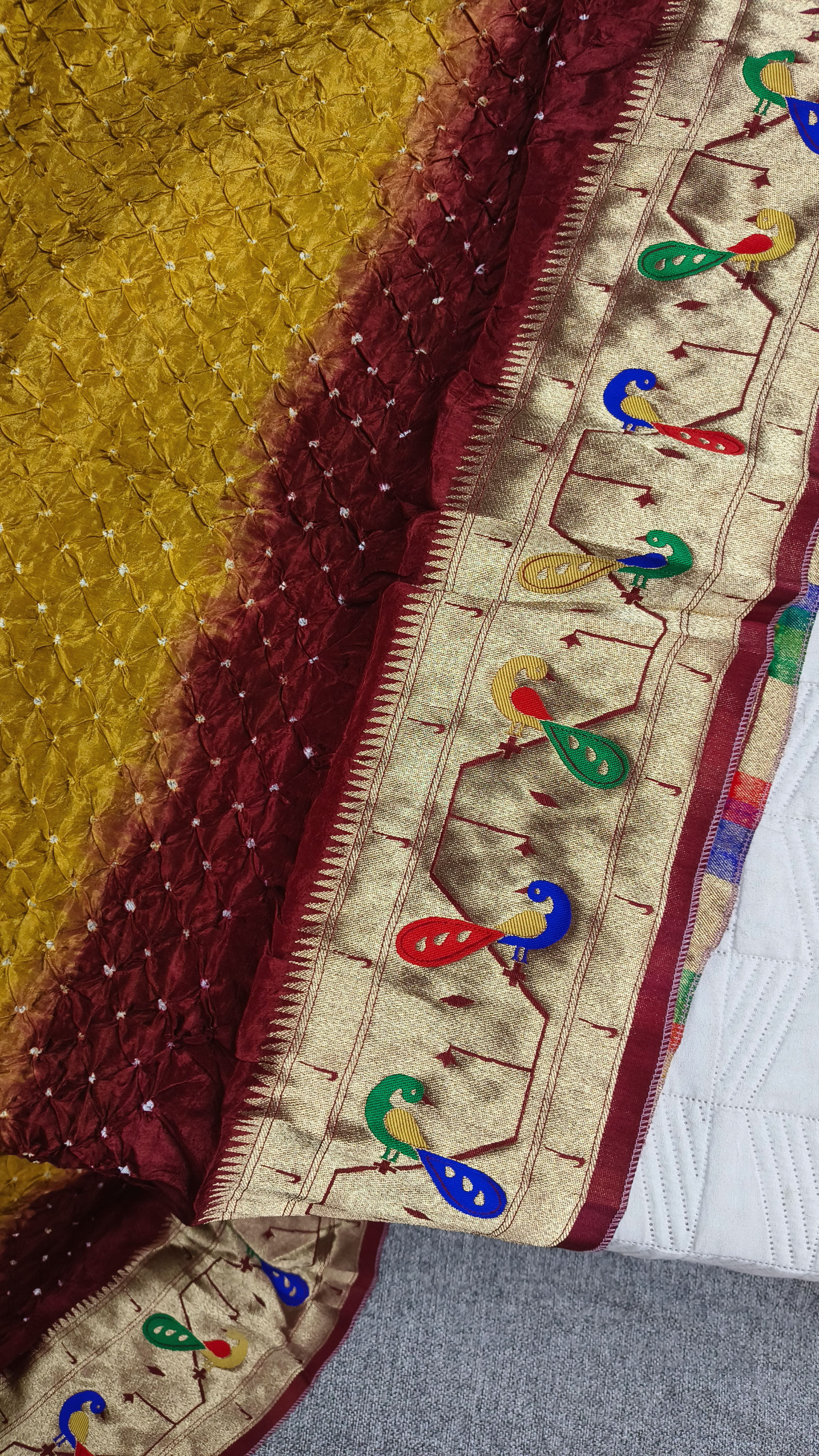 Paithani style woven border on Bandhani silk saree