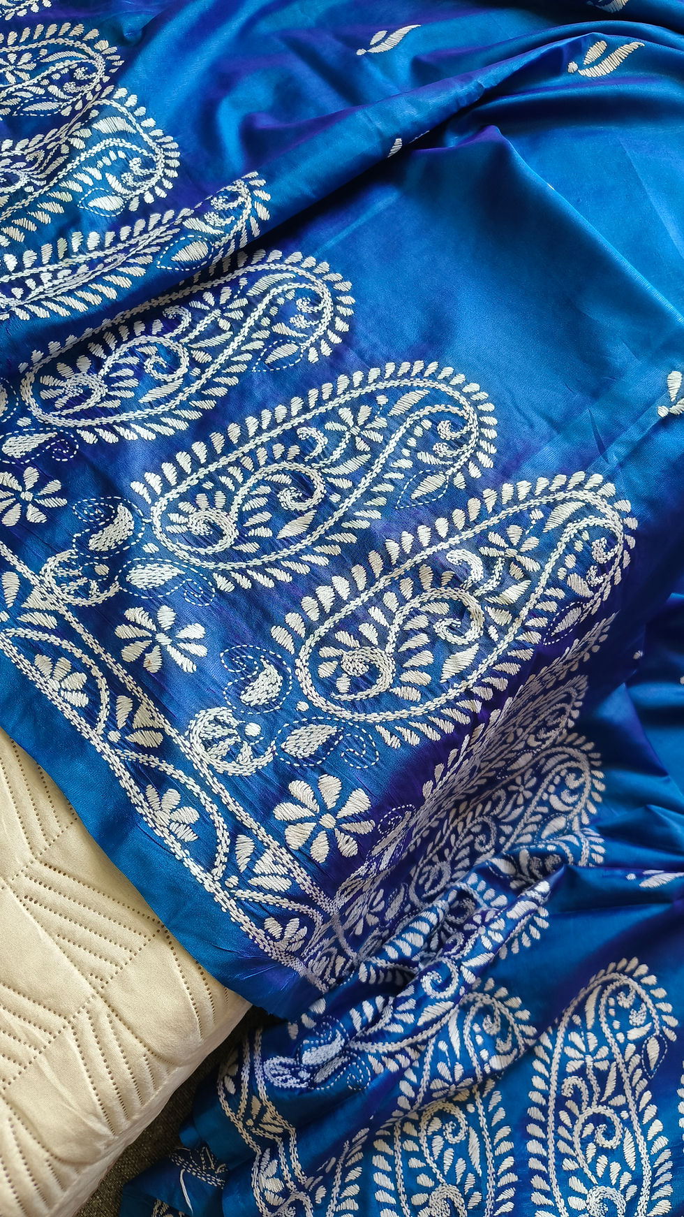 Peach handcrafted Kantha Bangalore Silk Saree with traditional hand embroidery