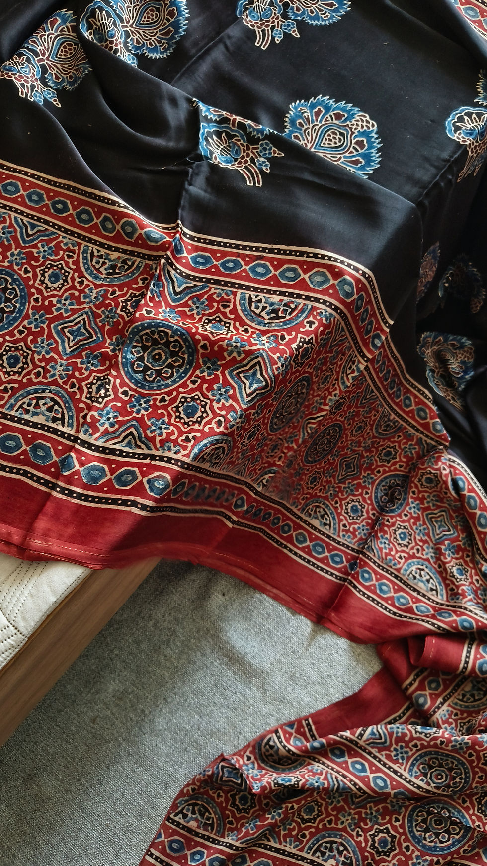 Thumbnail: Ajrakh Modal Silk Saree  BlackWithMadderRed